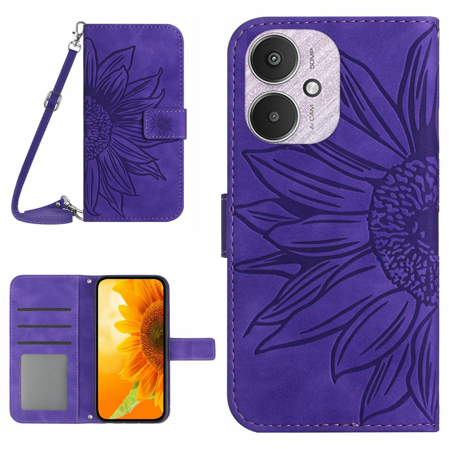 HT04 For Xiaomi Redmi 13C 4G / 5G / Poco C65 4G Crossbody Phone Leather Case Sunflower Pattern - Yellow