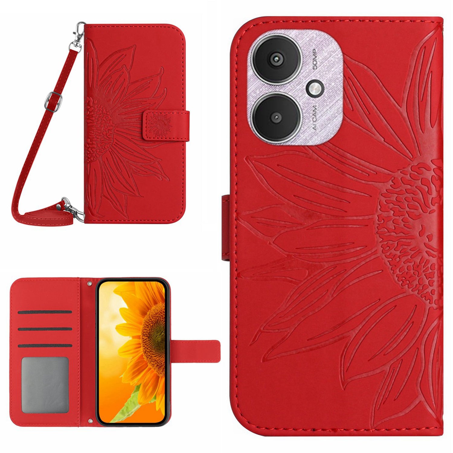 HT04 For Xiaomi Redmi 13C 4G / 5G / Poco C65 4G Crossbody Phone Leather Case Sunflower Pattern - Yellow