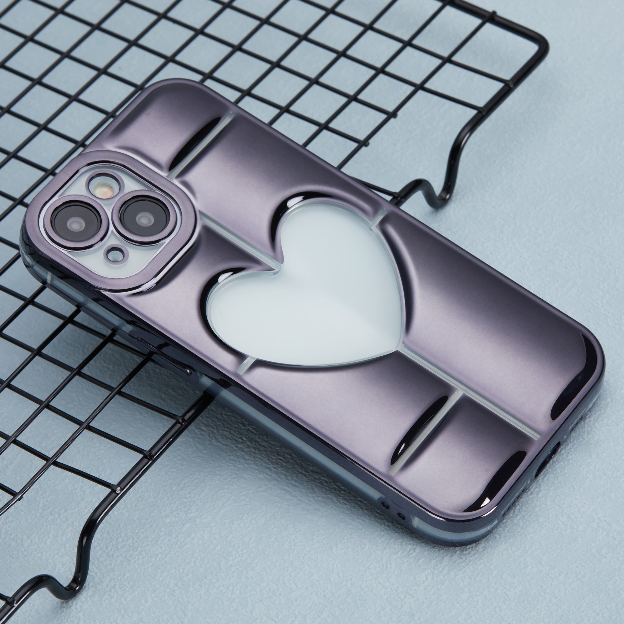 MNS Series Electroplating Case for iPhone 14 TPU Phone Cover with Clear 3D Heart - Black