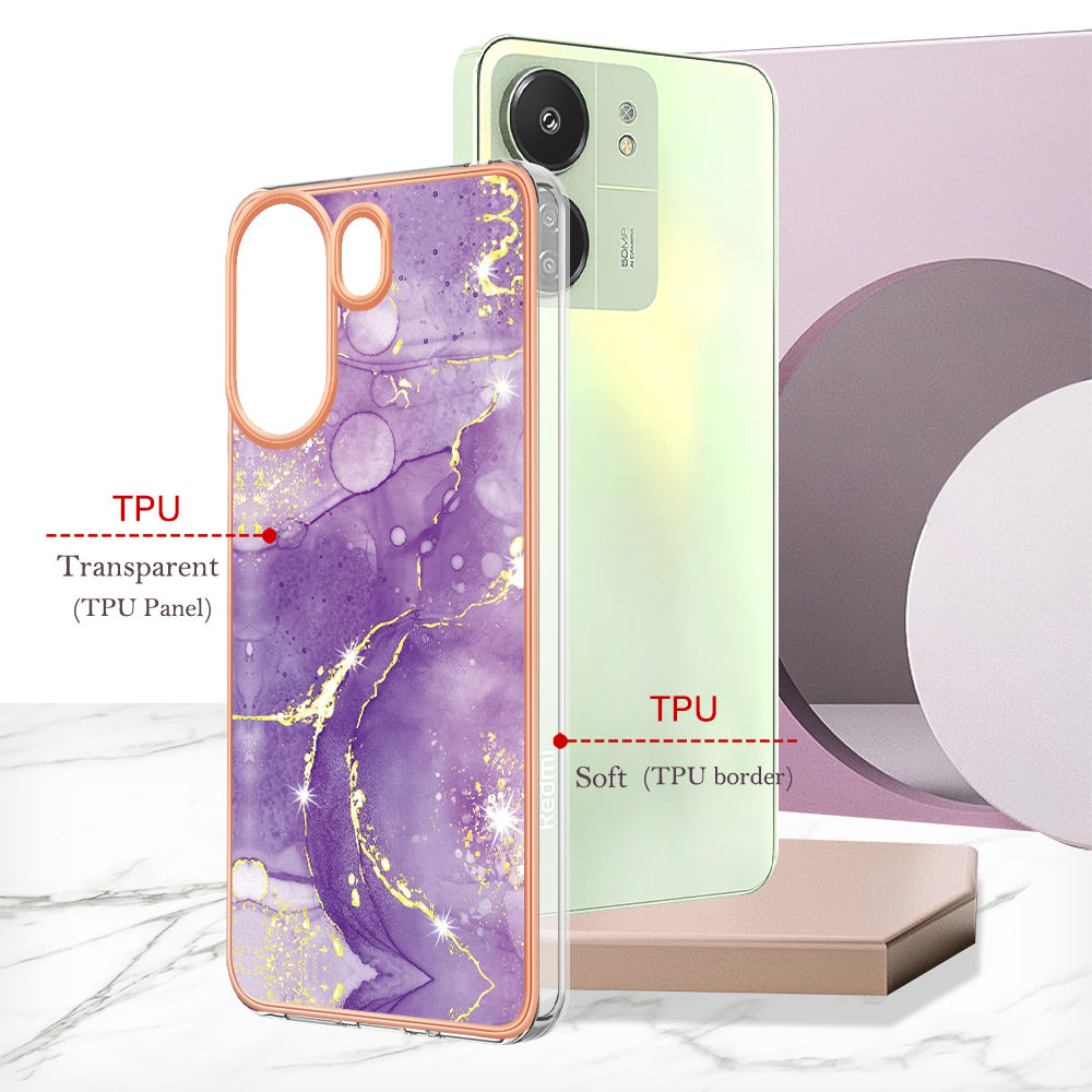 YB IMD Series-2 For Xiaomi Redmi 13C 4G / Poco C65 4G TPU Case Marble Electroplating Frame - Purple 002