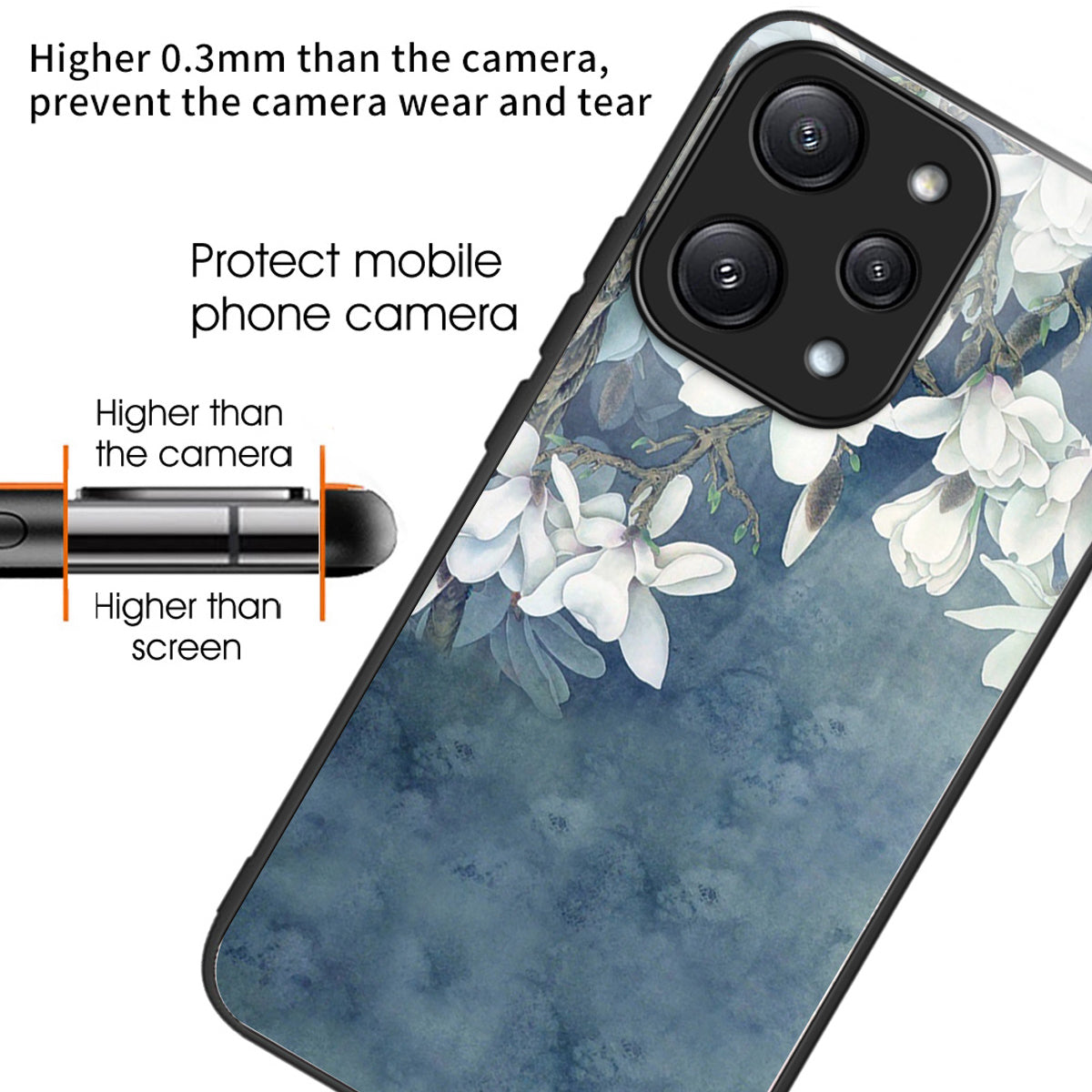 For Xiaomi Redmi 12 5G (Global) Pattern Tempered Glass Cover Anti-Scratch Phone Case - Magnolia