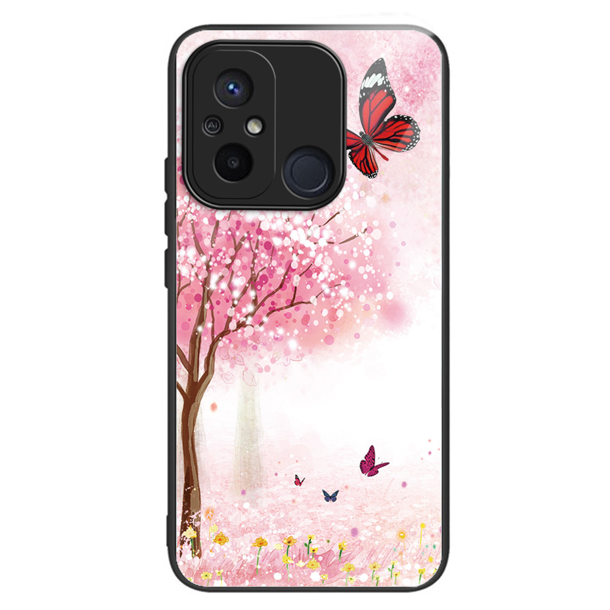 For Xiaomi Redmi 12C 4G Phone Case Tempered Glass Pattern Back+TPU Frame Cover - Cherry Blossom Trees