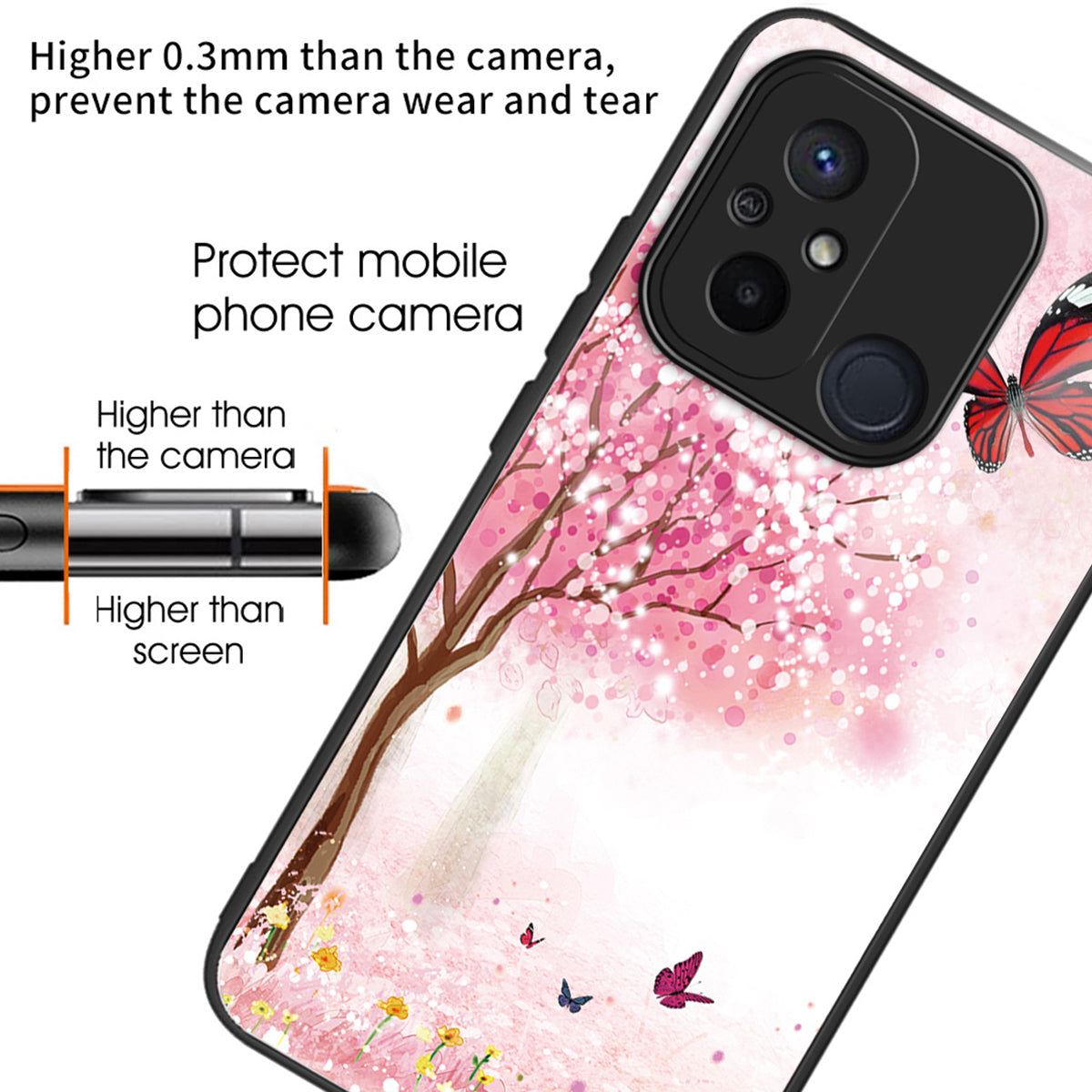 For Xiaomi Redmi 12C 4G Phone Case Tempered Glass Pattern Back+TPU Frame Cover - Cherry Blossom Trees
