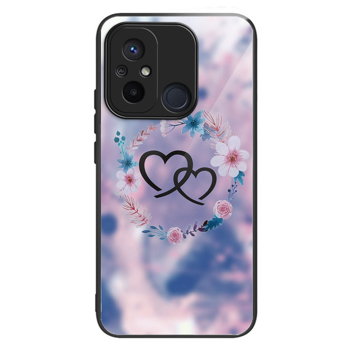For Xiaomi Redmi 12C 4G Phone Case Tempered Glass Pattern Back+TPU Frame Cover - Cherry Blossom Trees