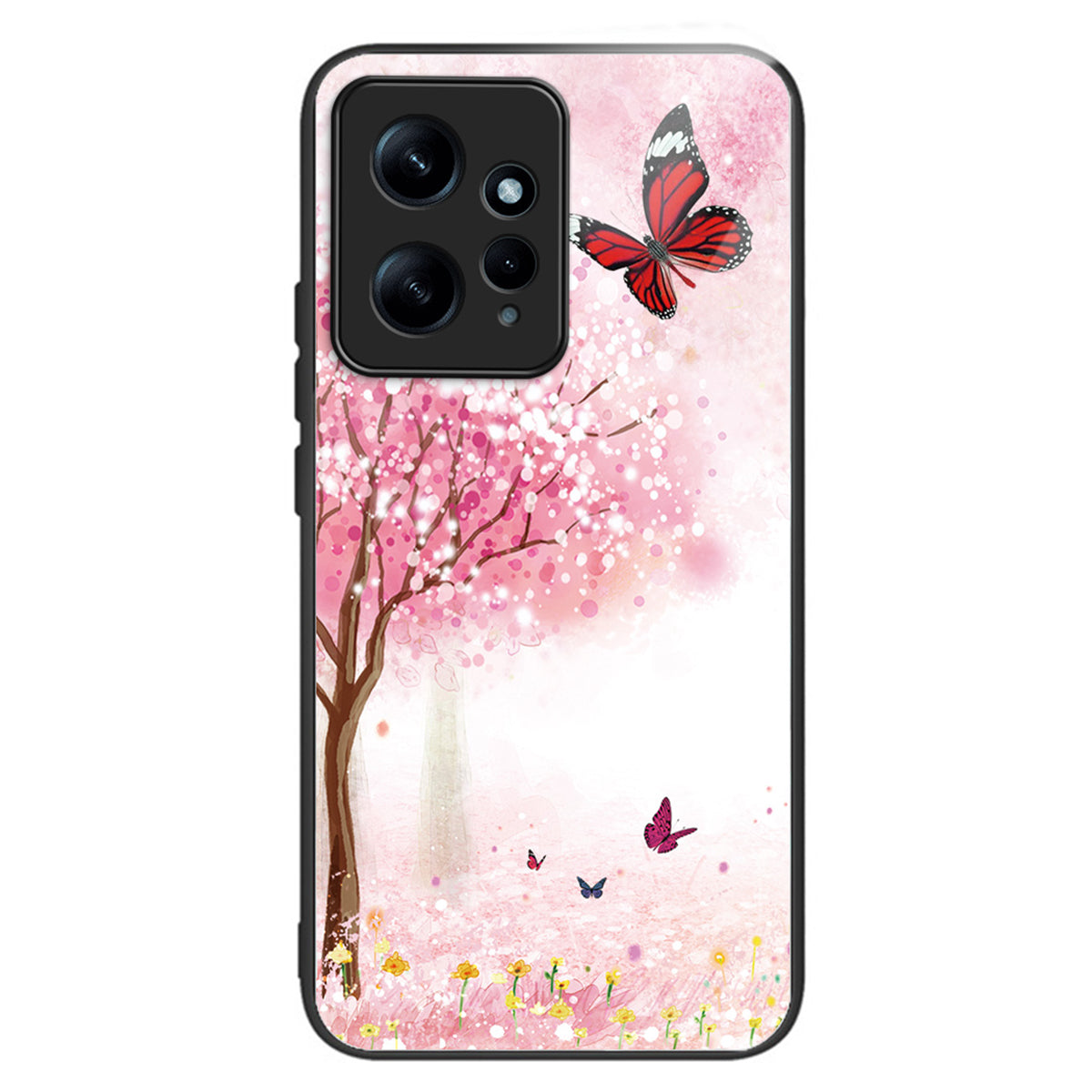 For Xiaomi Redmi Note 12 4G Pattern Phone Case Tempered Glass+TPU Hybrid Shell - Flower / Butterfly