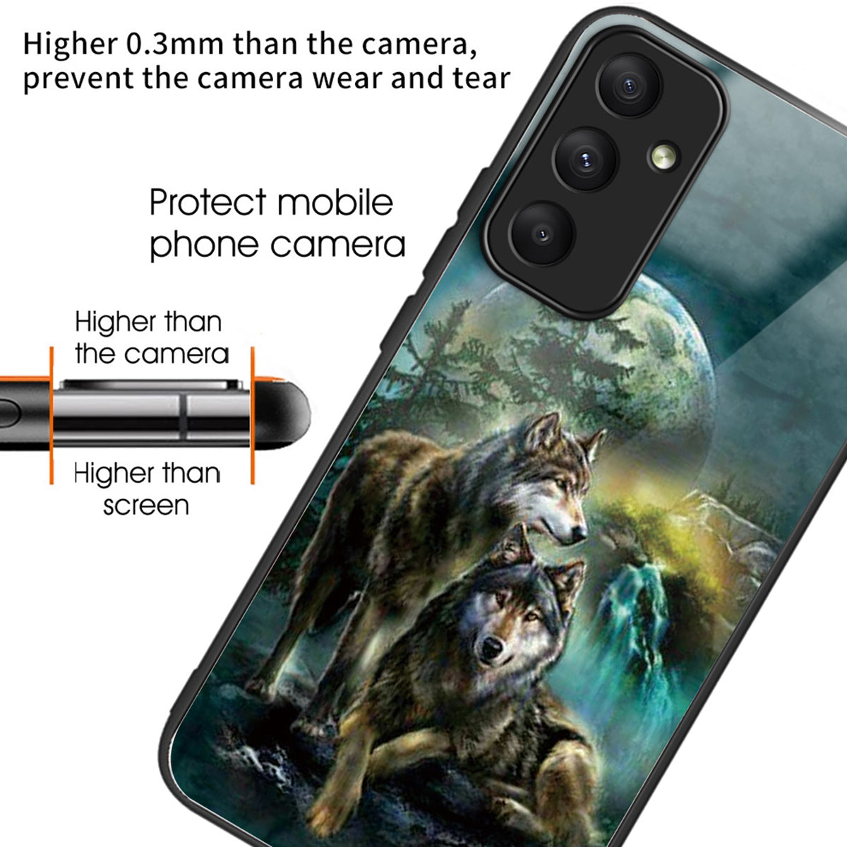 For Samsung Galaxy A55 5G Phone Case Tempered Glass Back Cover with Pattern Design - Wolves