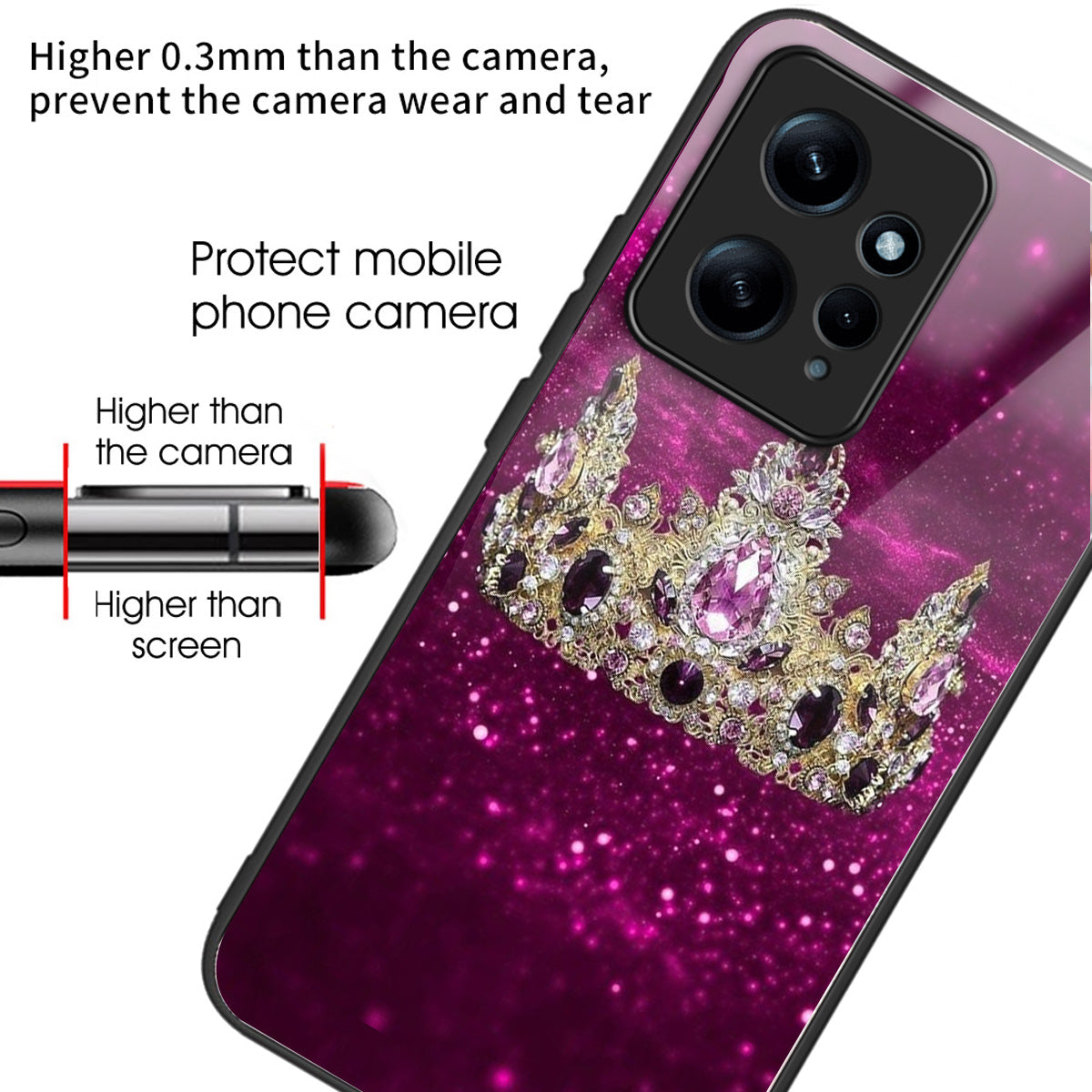 For Xiaomi Redmi Note 12 4G Pattern Tempered Glass Phone Cover TPU Bumper Protection - Columns Crown