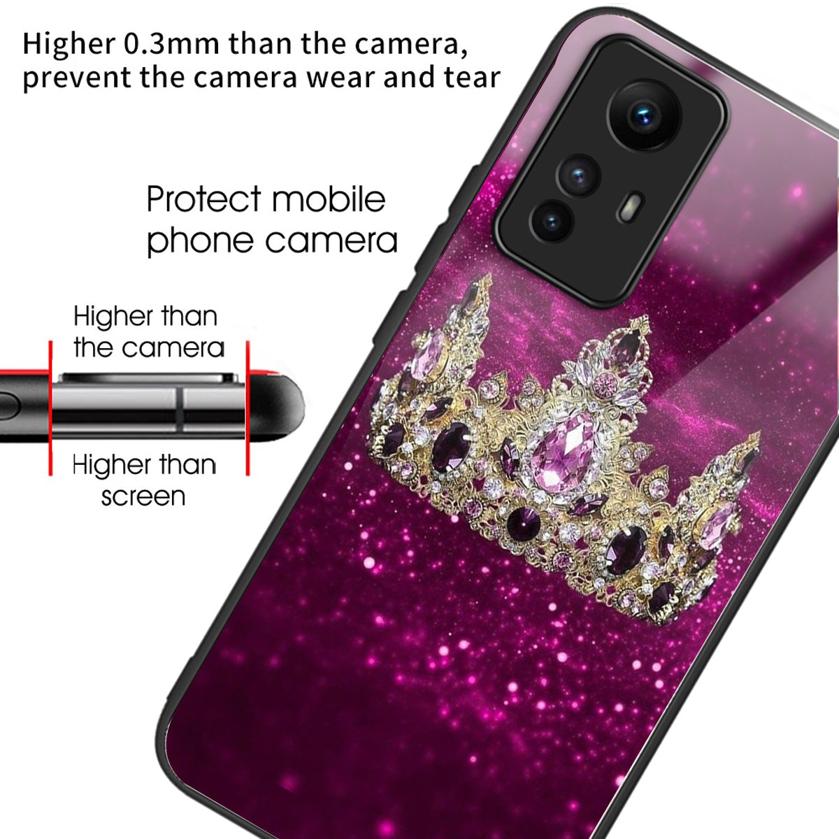 For Xiaomi Redmi Note 12S 4G Pattern Design Tempered Glass Phone Case Anti-Drop Cover - Columns Crown