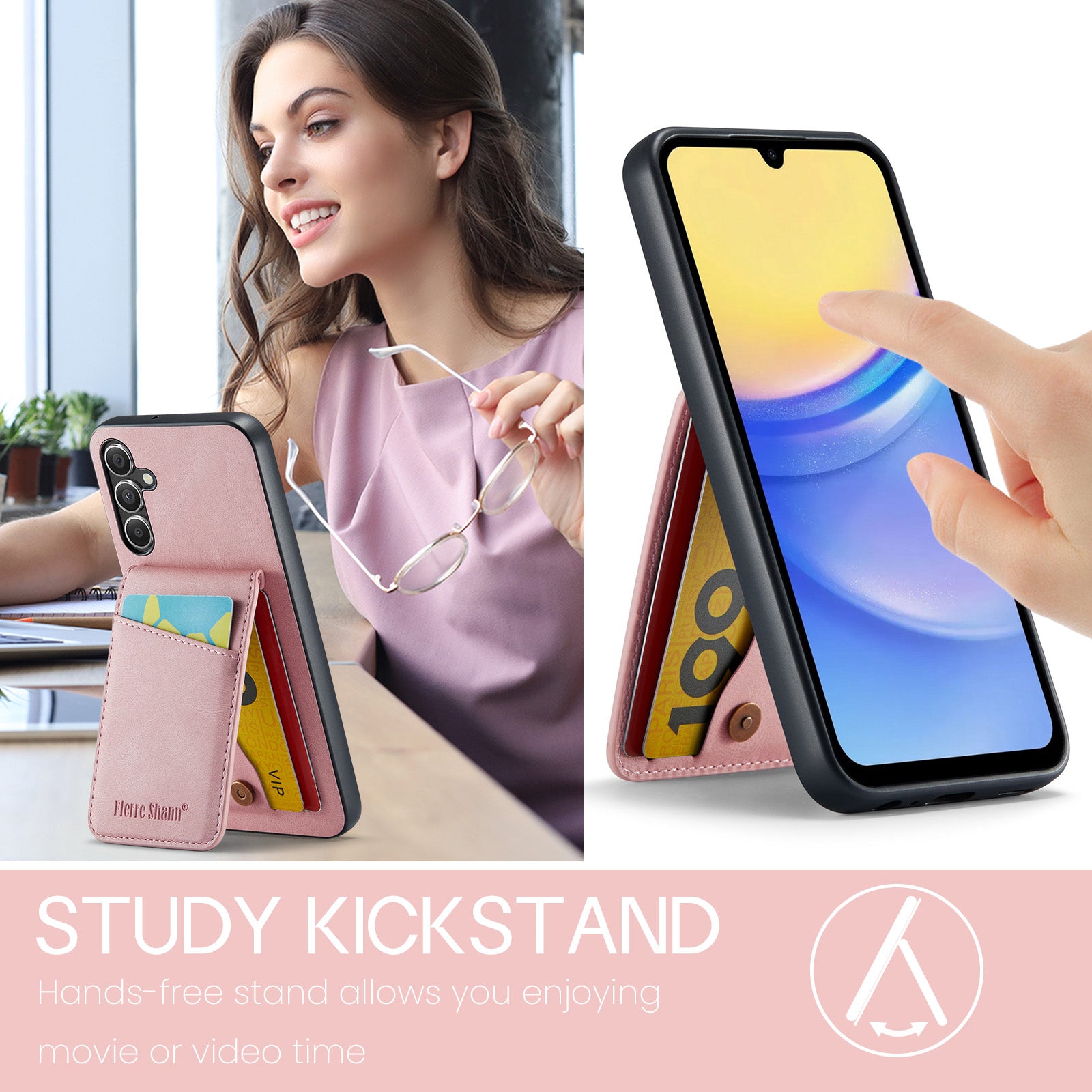 FIERRE SHANN For Samsung Galaxy A14 4G / 5G Case Card Slots PU Leather+TPU Phone Cover - Pink