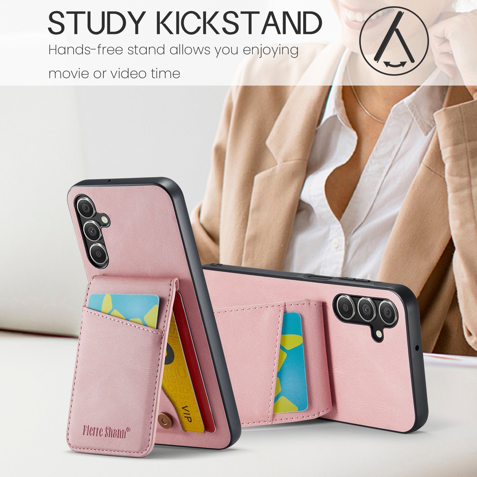 FIERRE SHANN For Samsung Galaxy A14 4G / 5G Case Card Slots PU Leather+TPU Phone Cover - Pink