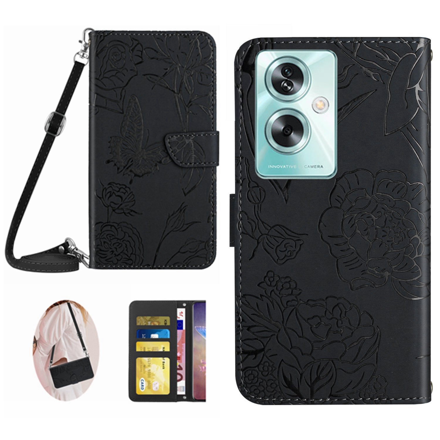 HT03 For Oppo A59 5G Butterfly Flower Phone Case Crossbody Leather Phone Cover - Black