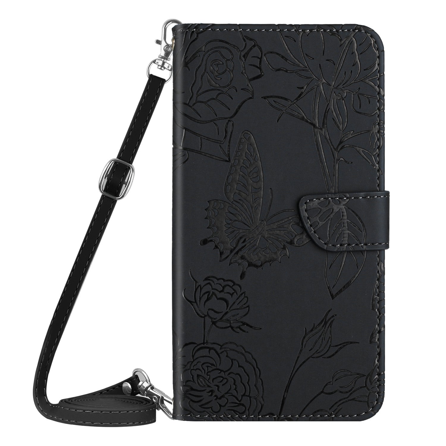 HT03 For Oppo A59 5G Butterfly Flower Phone Case Crossbody Leather Phone Cover - Black