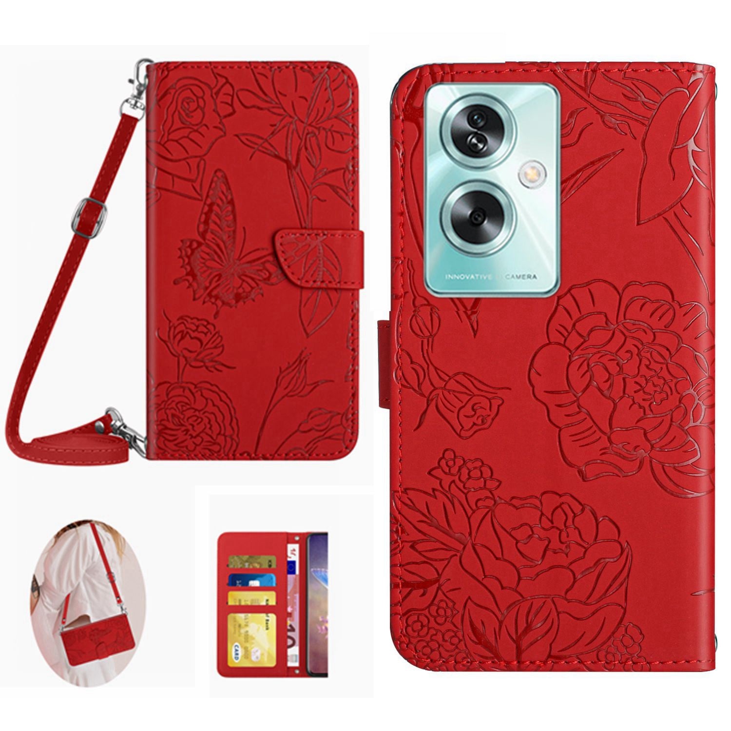 HT03 For Oppo A59 5G Butterfly Flower Phone Case Crossbody Leather Phone Cover - Black