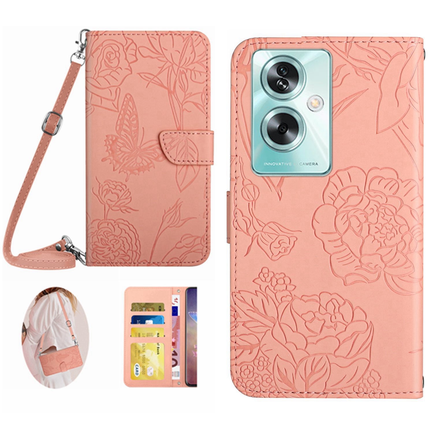 HT03 For Oppo A59 5G Butterfly Flower Phone Case Crossbody Leather Phone Cover - Black