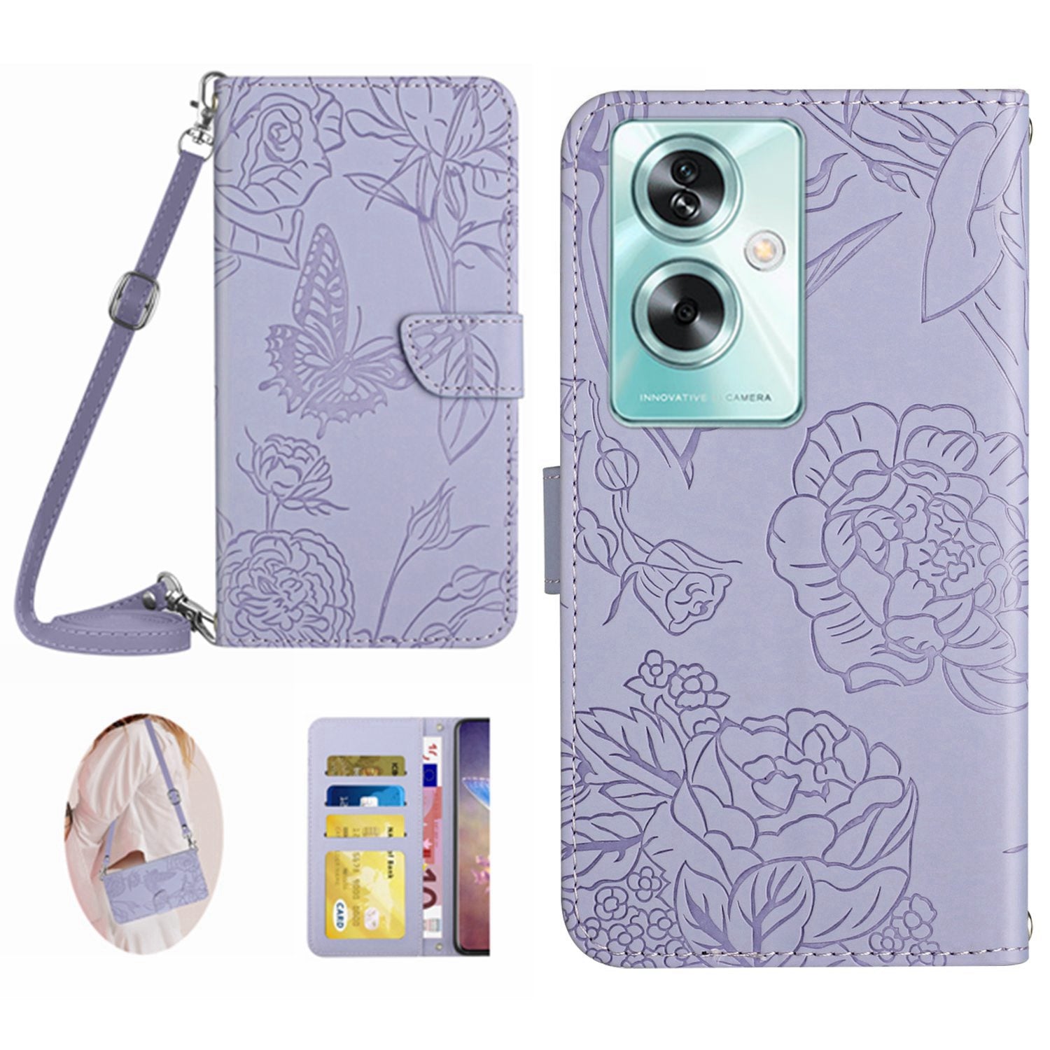 HT03 For Oppo A59 5G Butterfly Flower Phone Case Crossbody Leather Phone Cover - Black