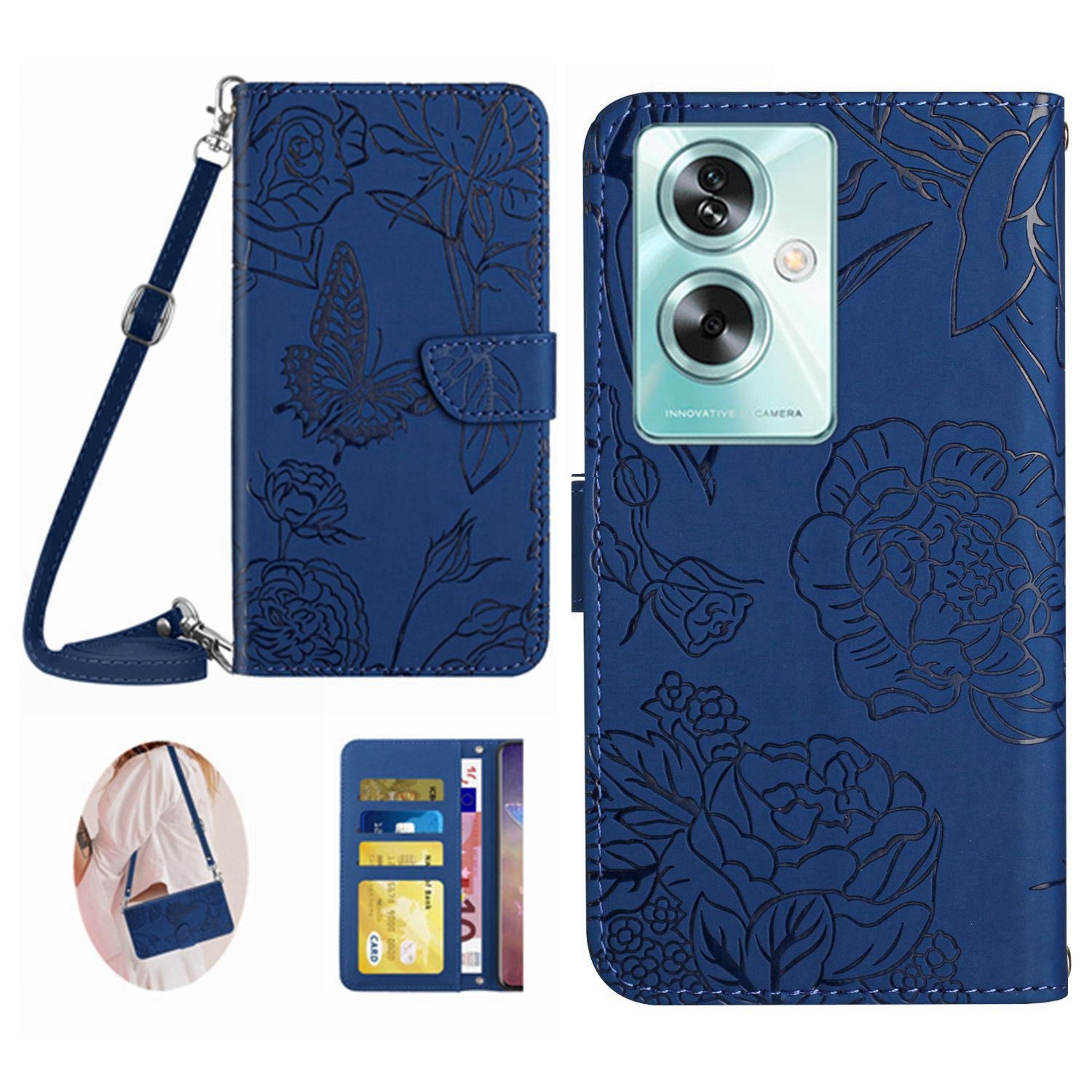 HT03 For Oppo A59 5G Butterfly Flower Phone Case Crossbody Leather Phone Cover - Black