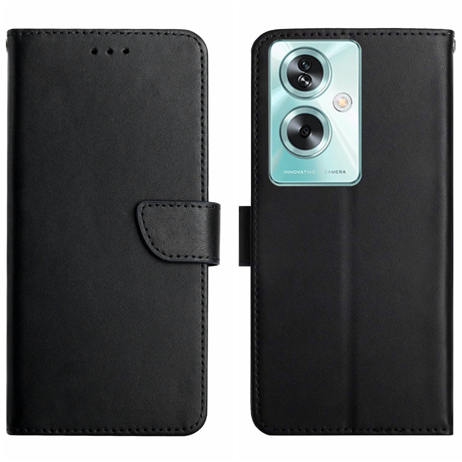 HT02 Genuine Cow Leather Case for Oppo A59 5G Wallet Phone Cover Nappa Texture - Black