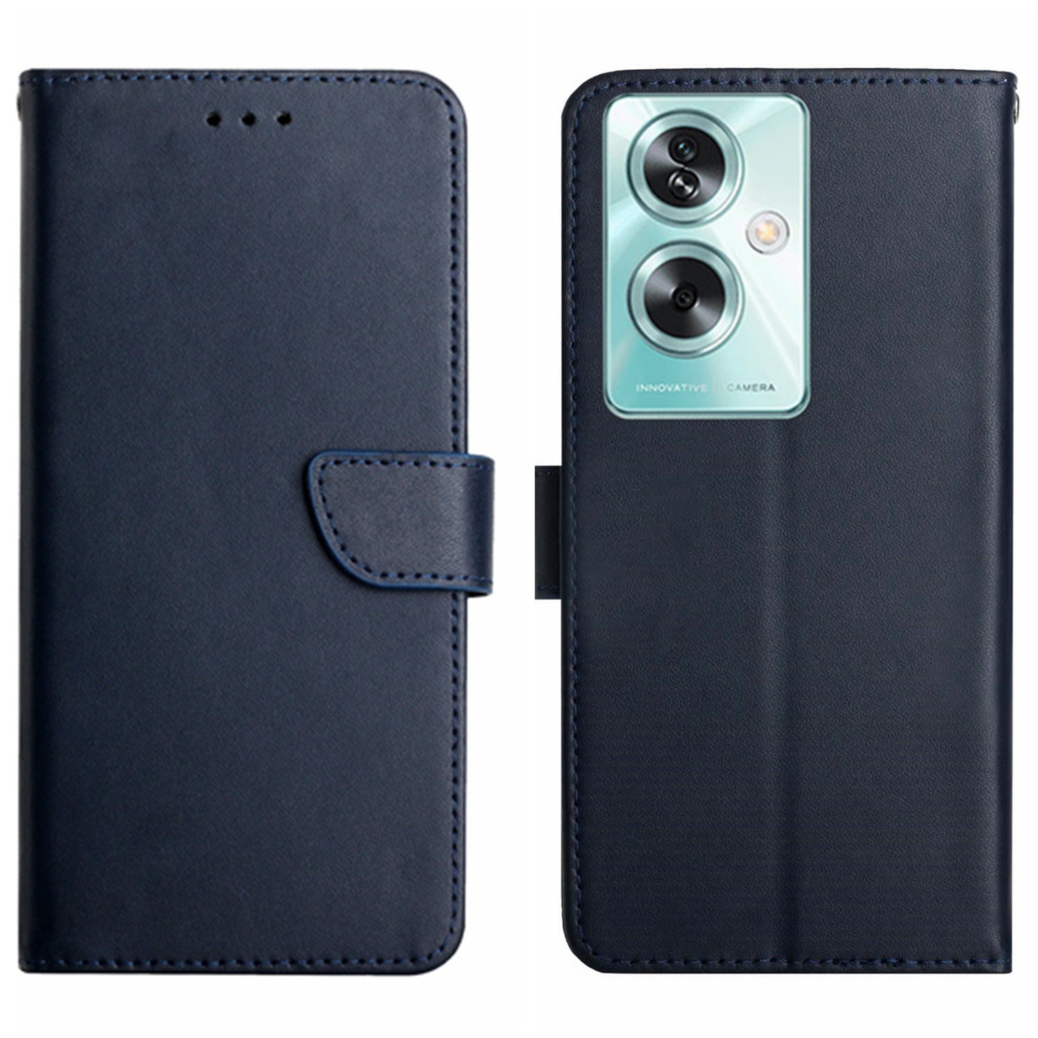 HT02 Genuine Cow Leather Case for Oppo A59 5G Wallet Phone Cover Nappa Texture - Black