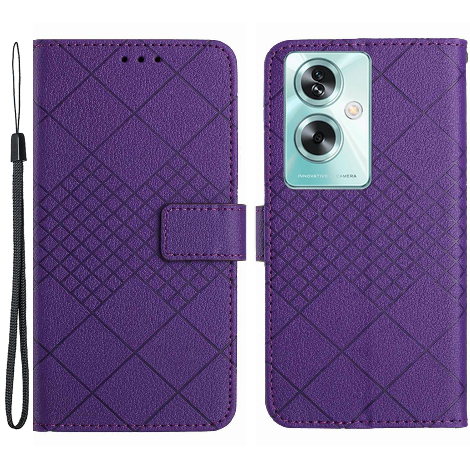HT06 For Oppo A59 5G Leather Case Litchi Texture Flip Wallet Phone Cover - Dark Purple