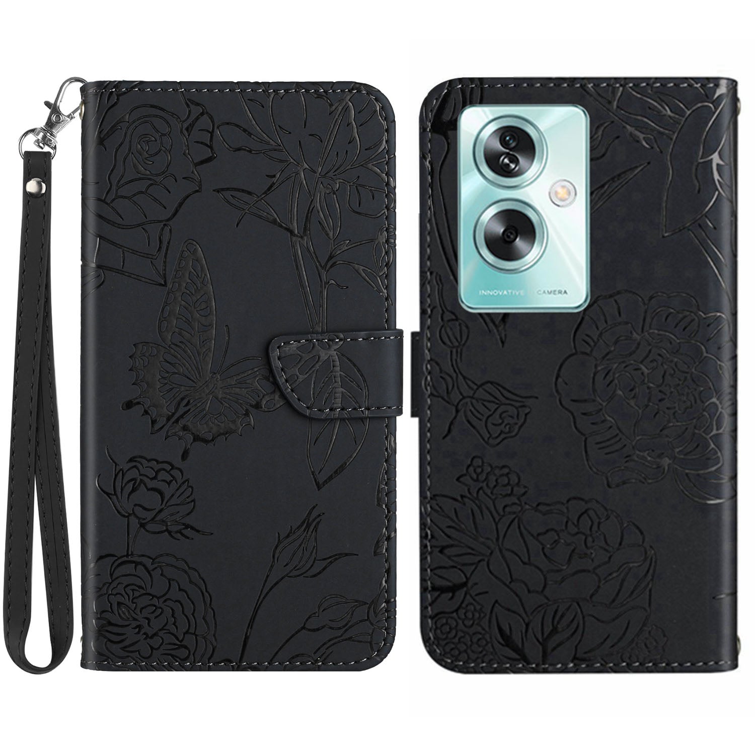 HT03 For Oppo A59 5G Wallet Leather Case Butterfly Flower with Hand Strap - Black