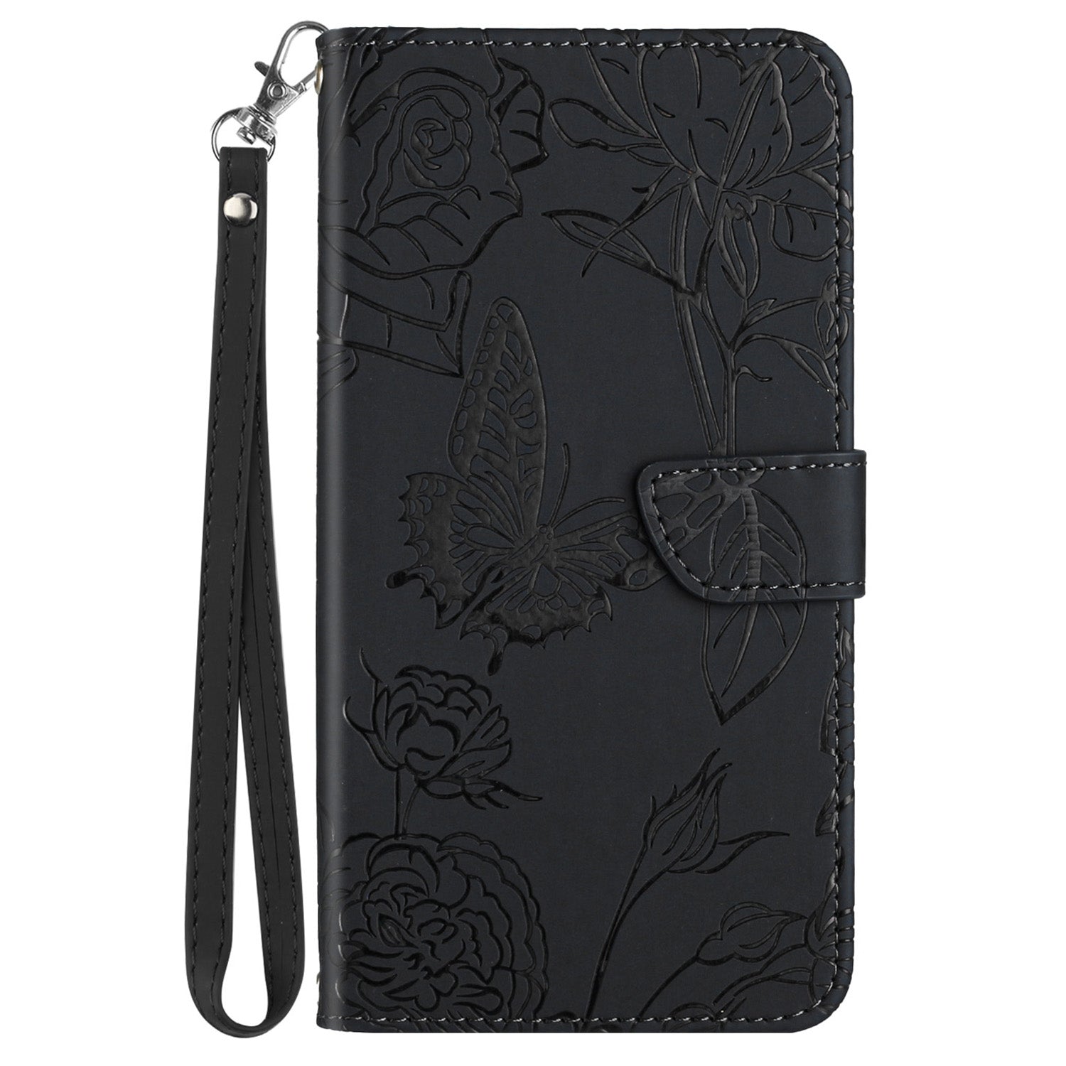 HT03 For Oppo A59 5G Wallet Leather Case Butterfly Flower with Hand Strap - Black