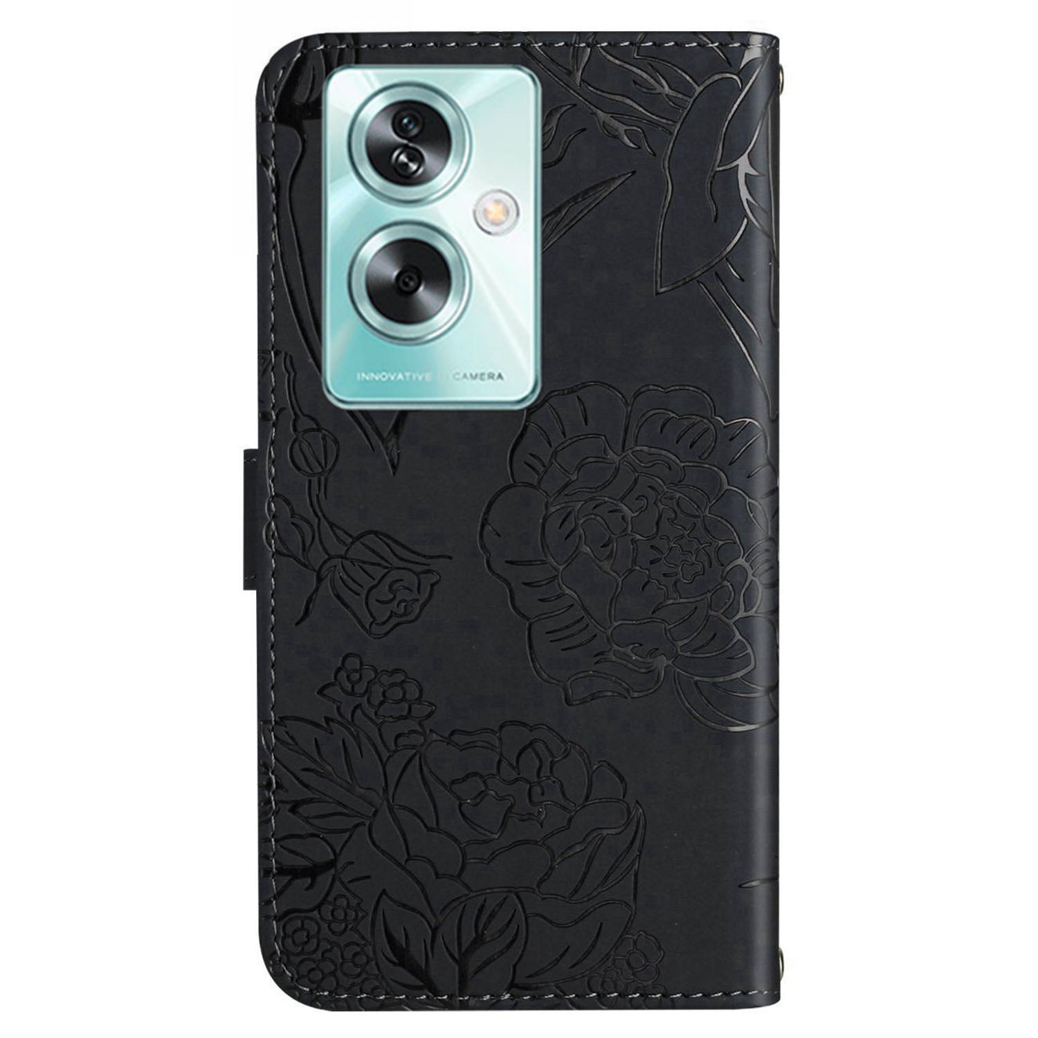 HT03 For Oppo A59 5G Wallet Leather Case Butterfly Flower with Hand Strap - Black