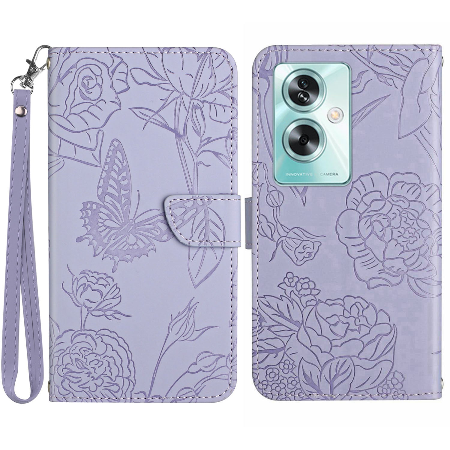 HT03 For Oppo A59 5G Wallet Leather Case Butterfly Flower with Hand Strap - Black