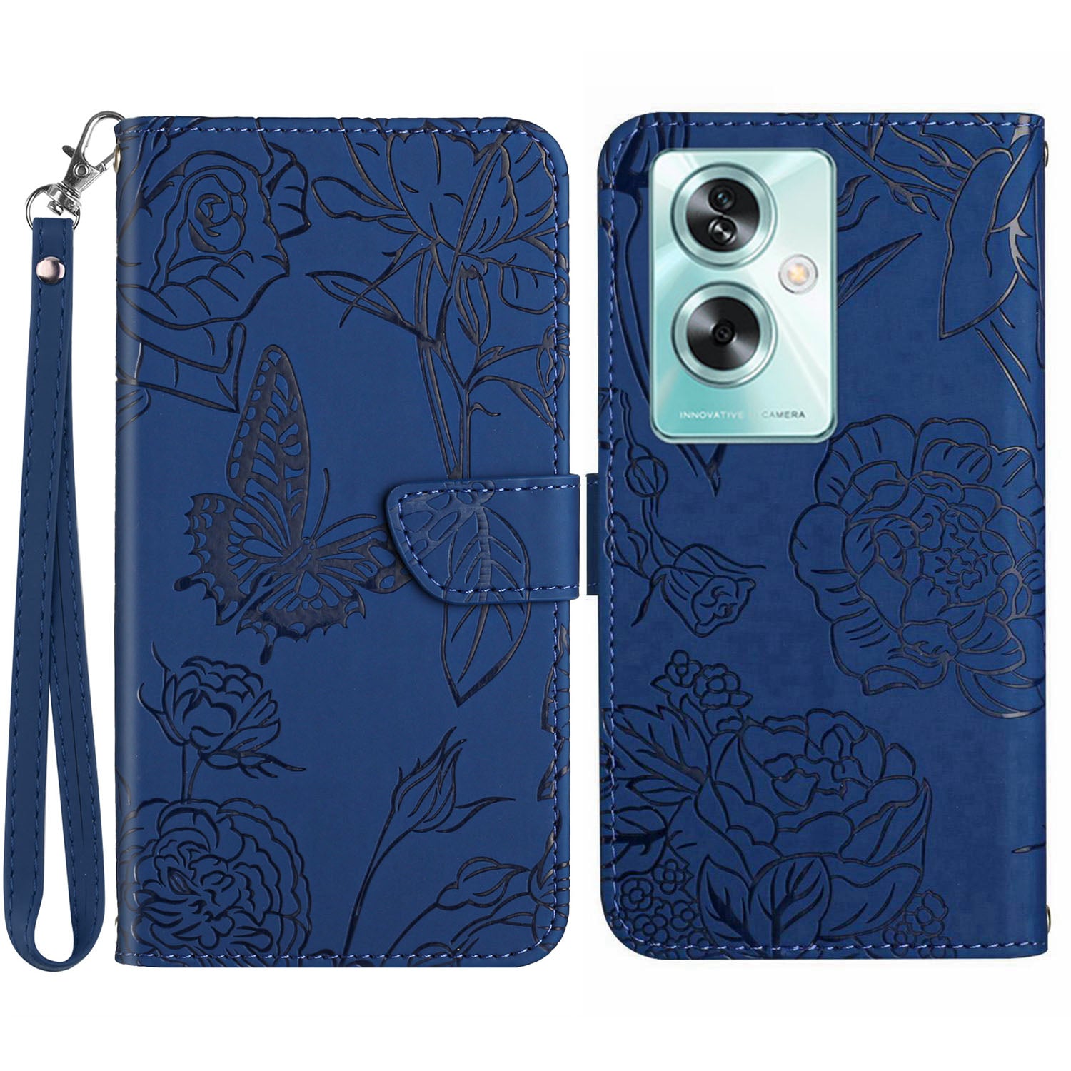 HT03 For Oppo A59 5G Wallet Leather Case Butterfly Flower with Hand Strap - Black