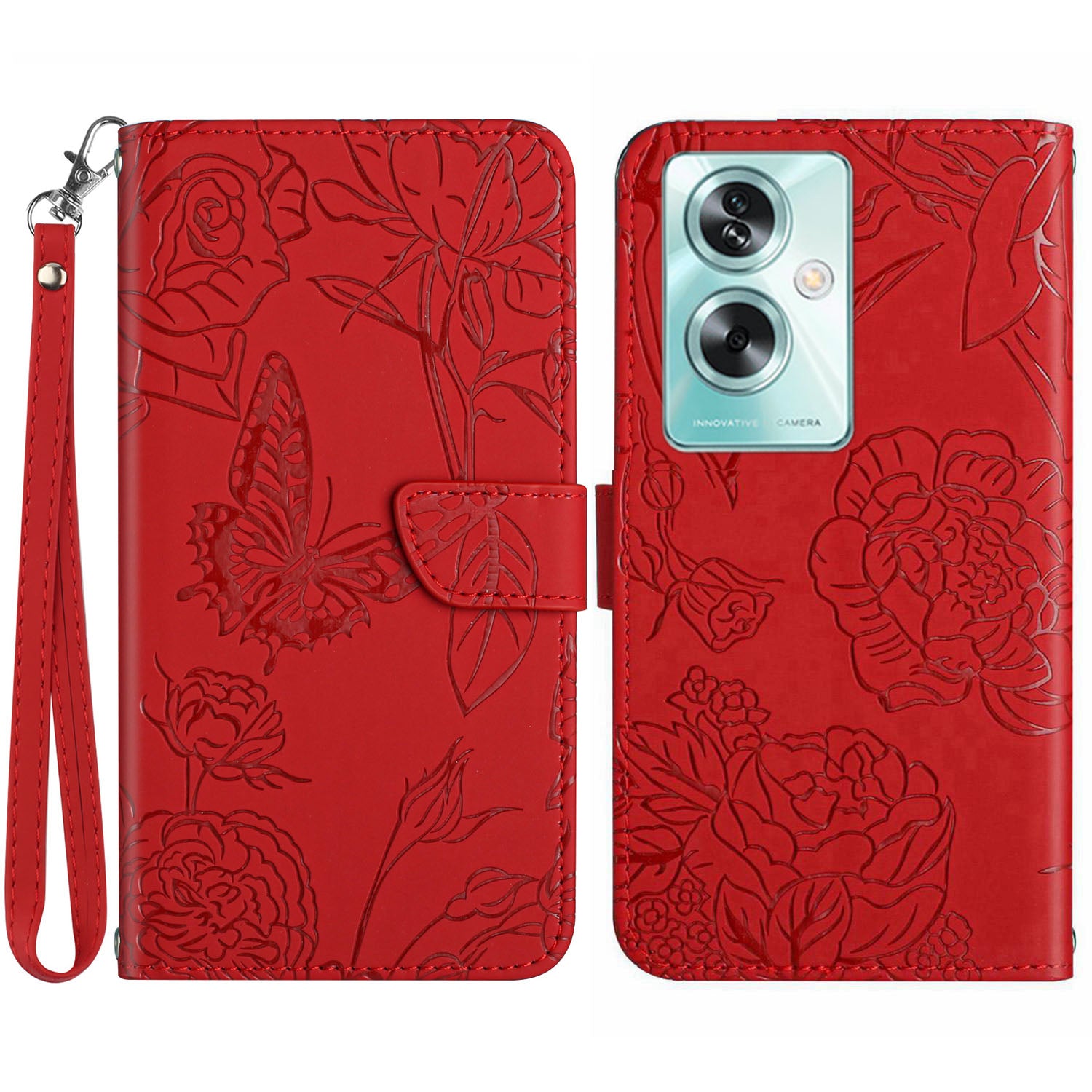 HT03 For Oppo A59 5G Wallet Leather Case Butterfly Flower with Hand Strap - Black