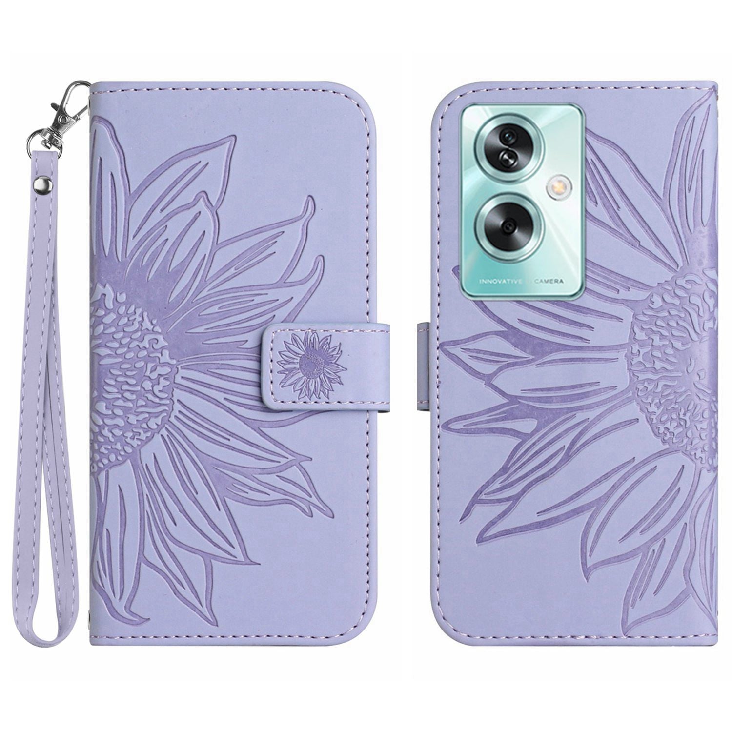 HT04 For Oppo A59 5G Case Wallet Leather Cover Sunflower Pattern with Hand Strap - Light Purple