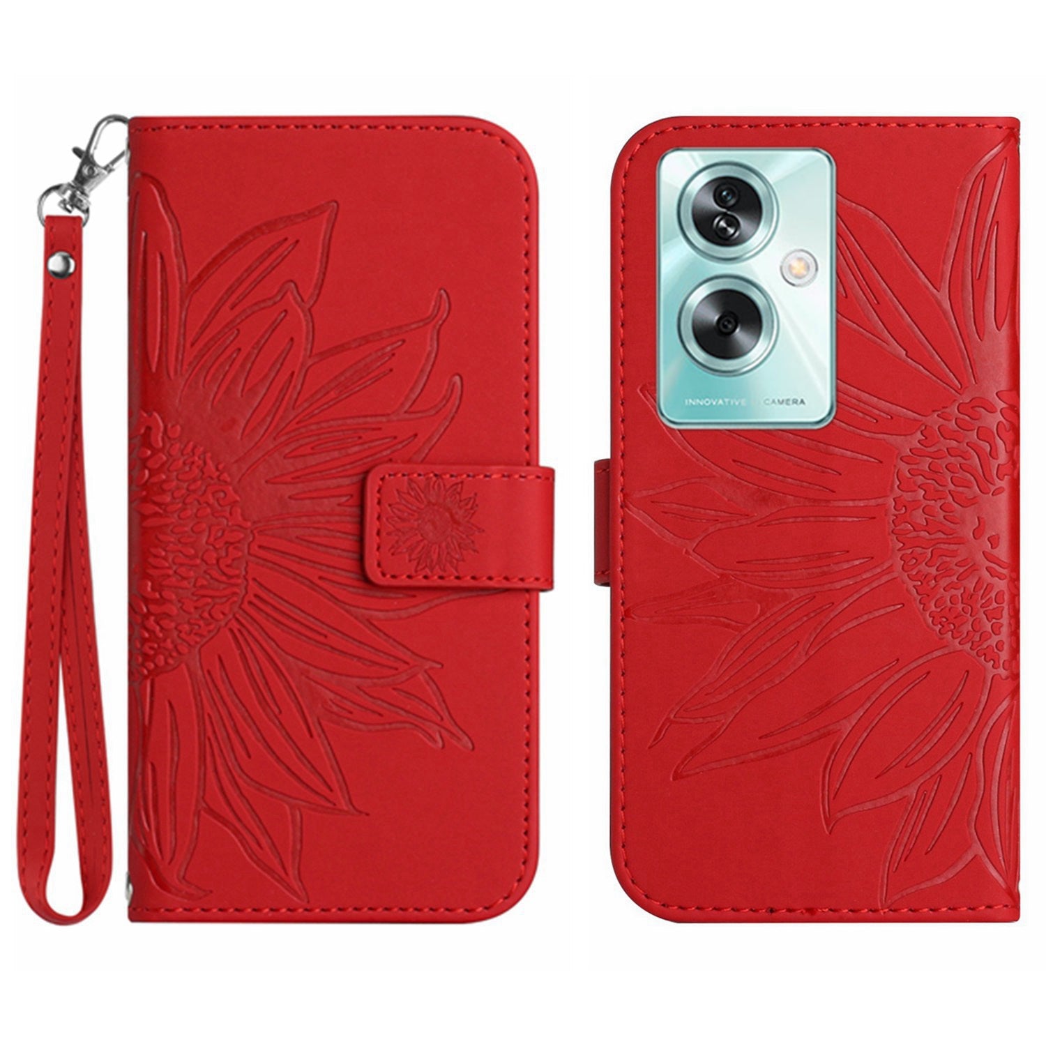 HT04 For Oppo A59 5G Case Wallet Leather Cover Sunflower Pattern with Hand Strap - Light Purple