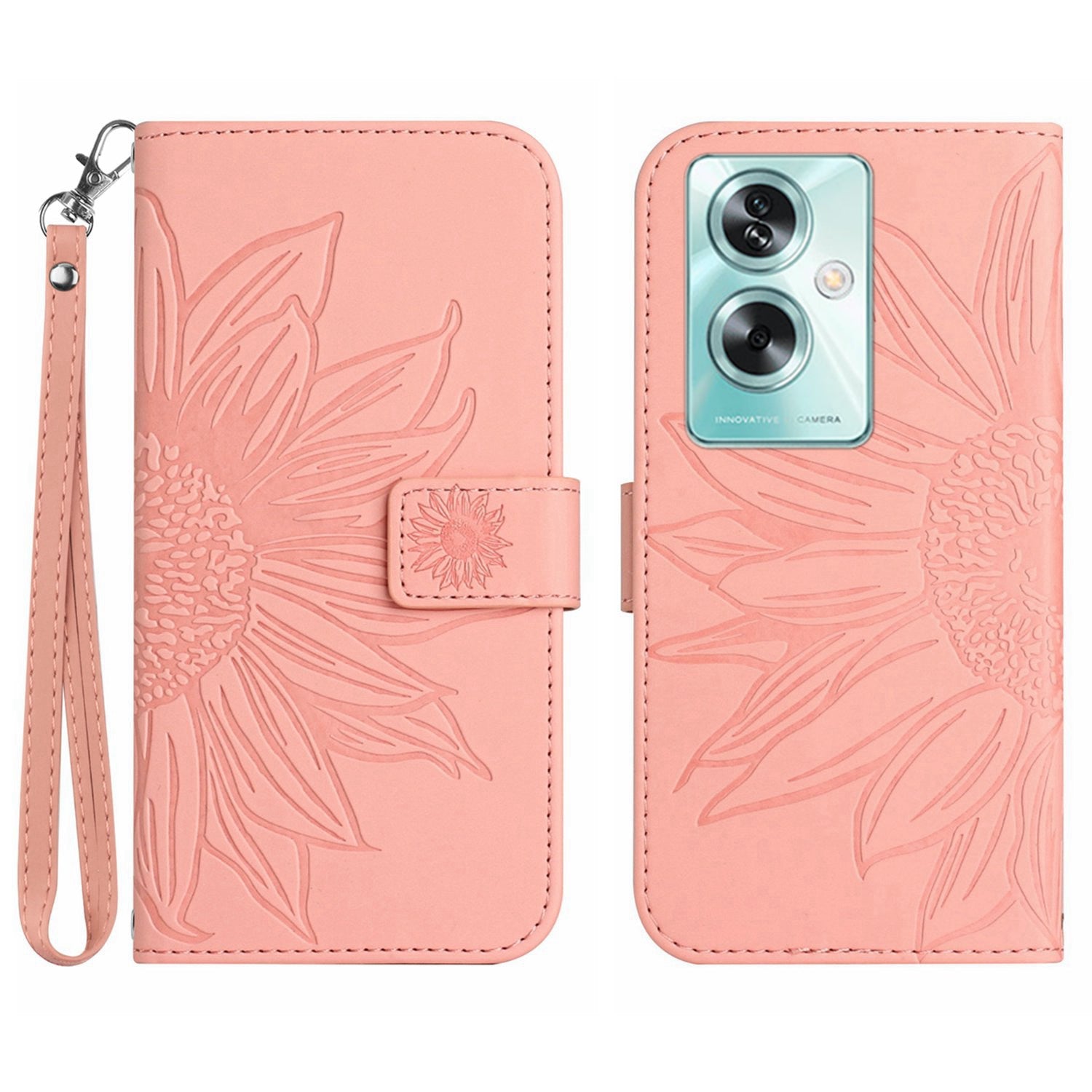 HT04 For Oppo A59 5G Case Wallet Leather Cover Sunflower Pattern with Hand Strap - Light Purple