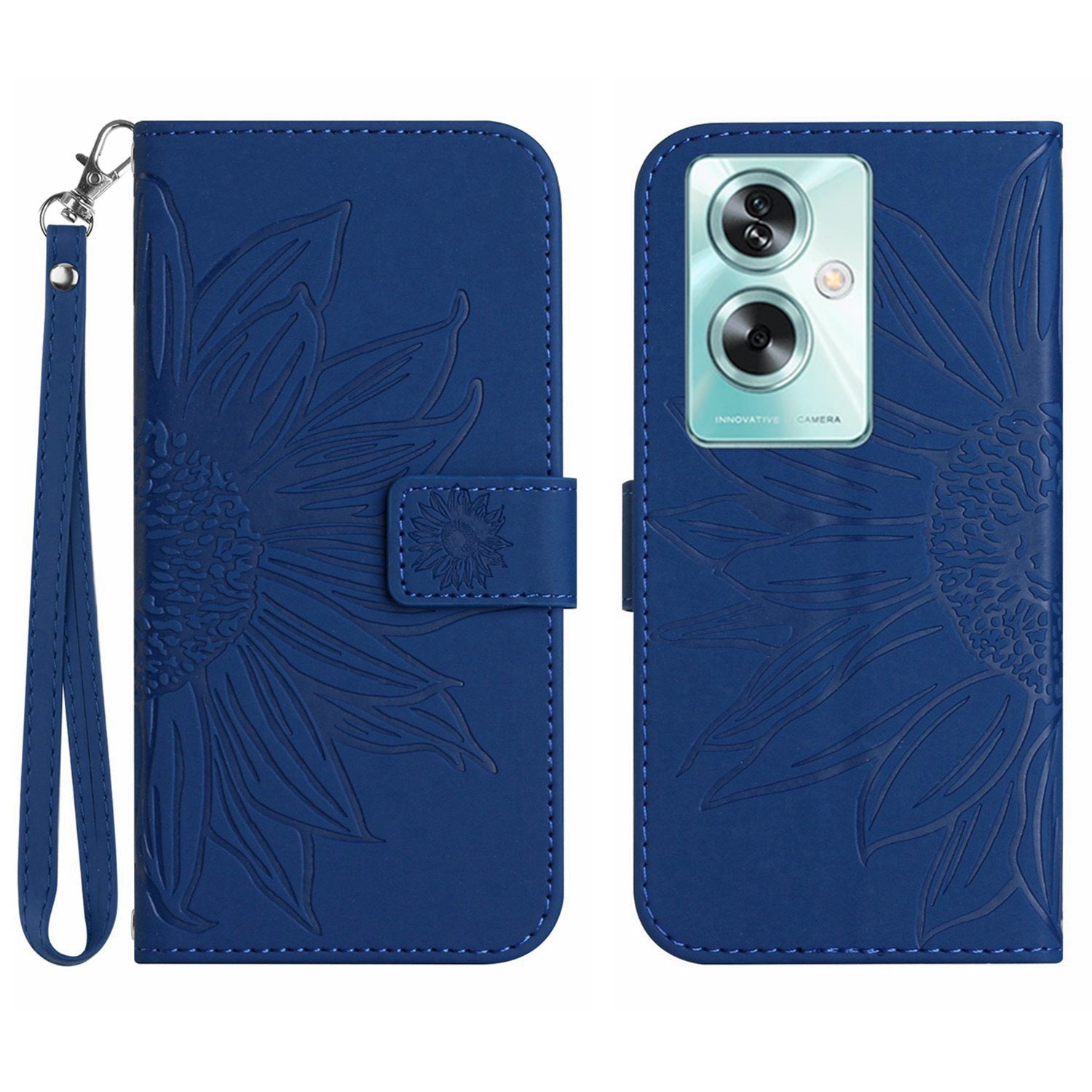 HT04 For Oppo A59 5G Case Wallet Leather Cover Sunflower Pattern with Hand Strap - Light Purple