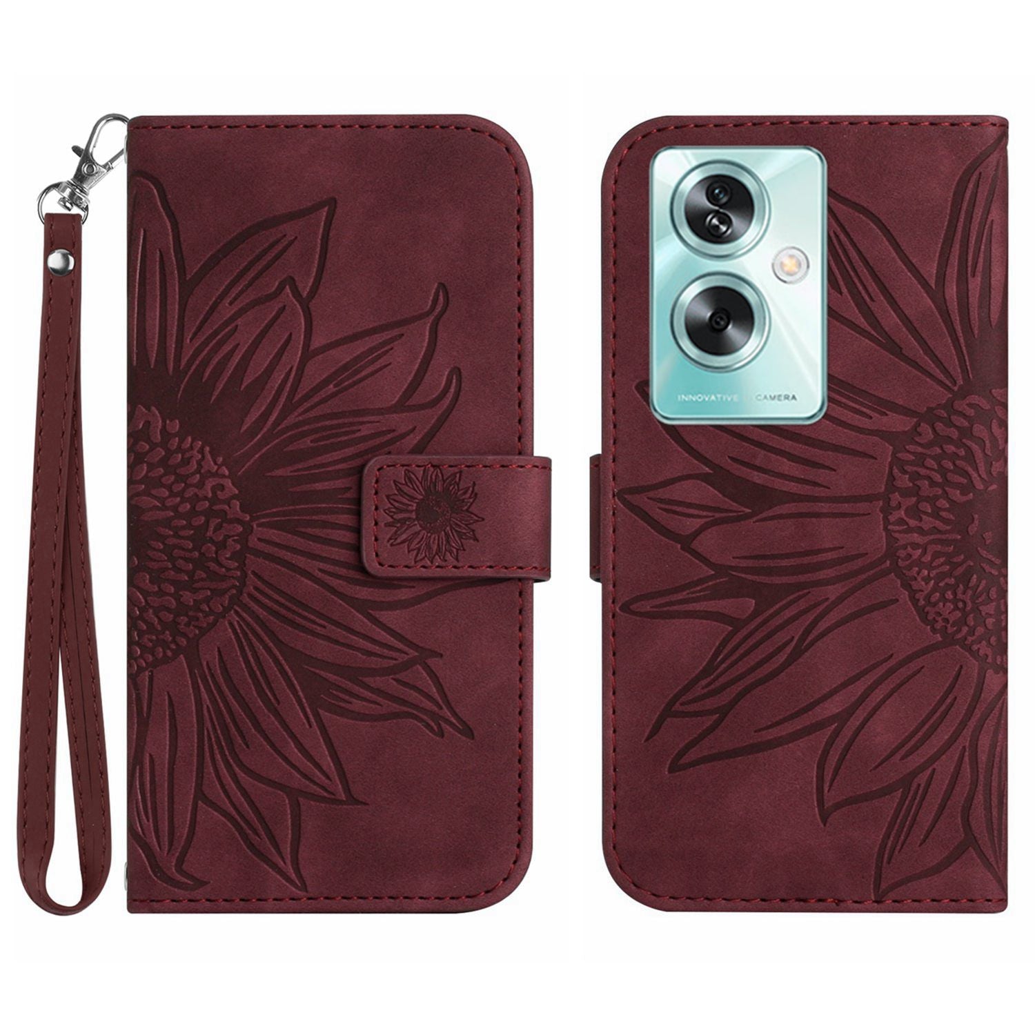 HT04 For Oppo A59 5G Case Wallet Leather Cover Sunflower Pattern with Hand Strap - Light Purple