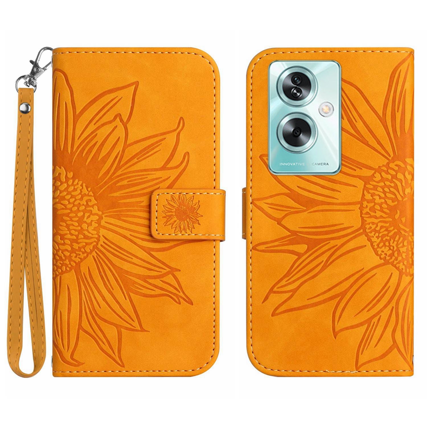 HT04 For Oppo A59 5G Case Wallet Leather Cover Sunflower Pattern with Hand Strap - Light Purple