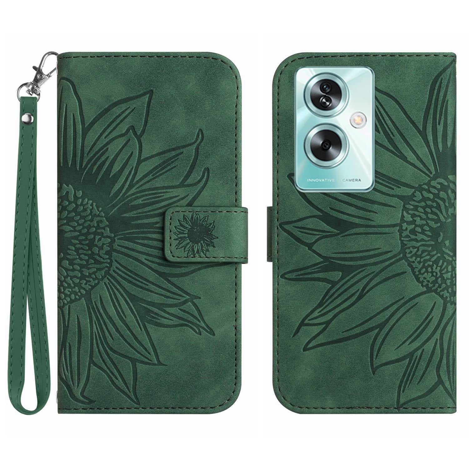 HT04 For Oppo A59 5G Case Wallet Leather Cover Sunflower Pattern with Hand Strap - Light Purple