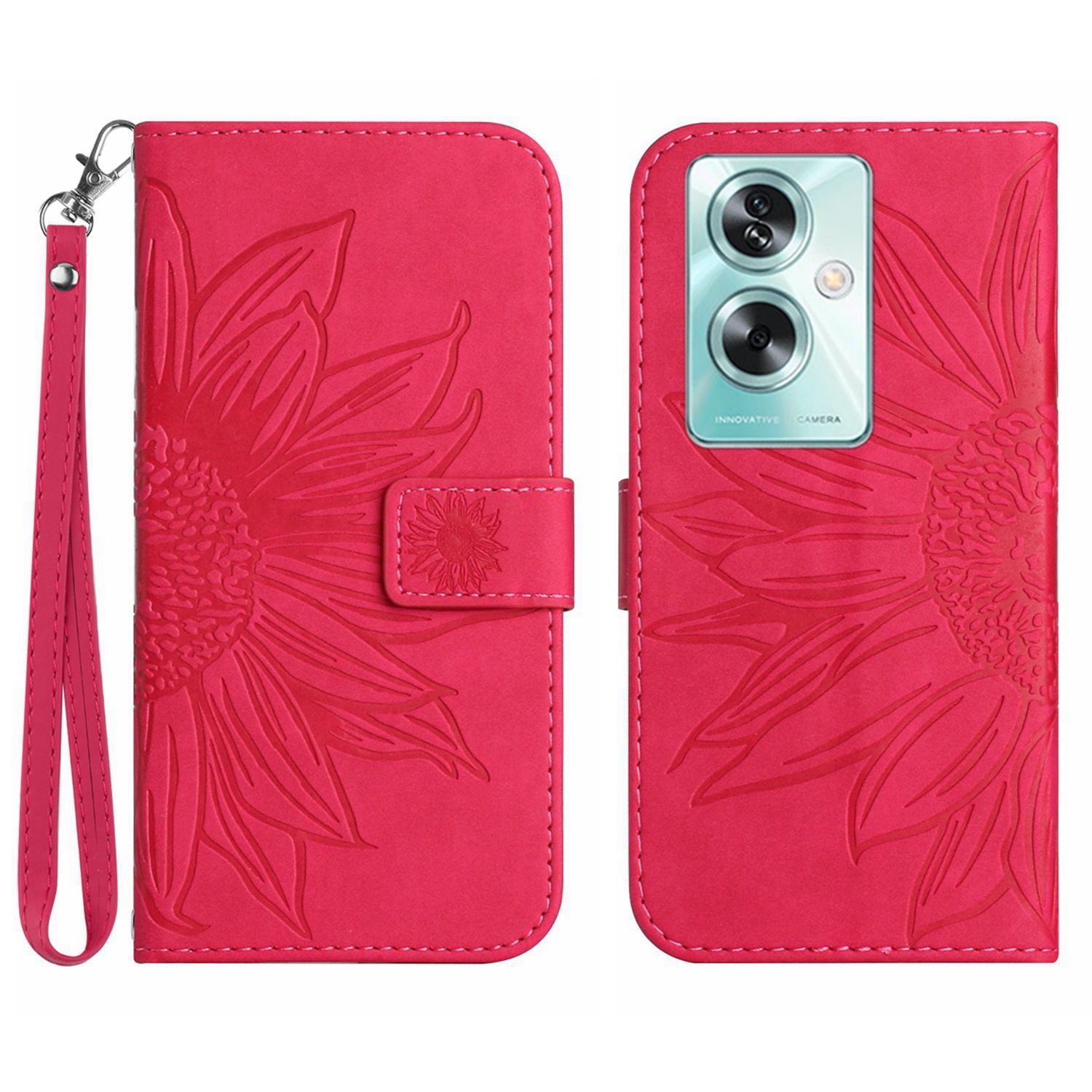 HT04 For Oppo A59 5G Case Wallet Leather Cover Sunflower Pattern with Hand Strap - Light Purple