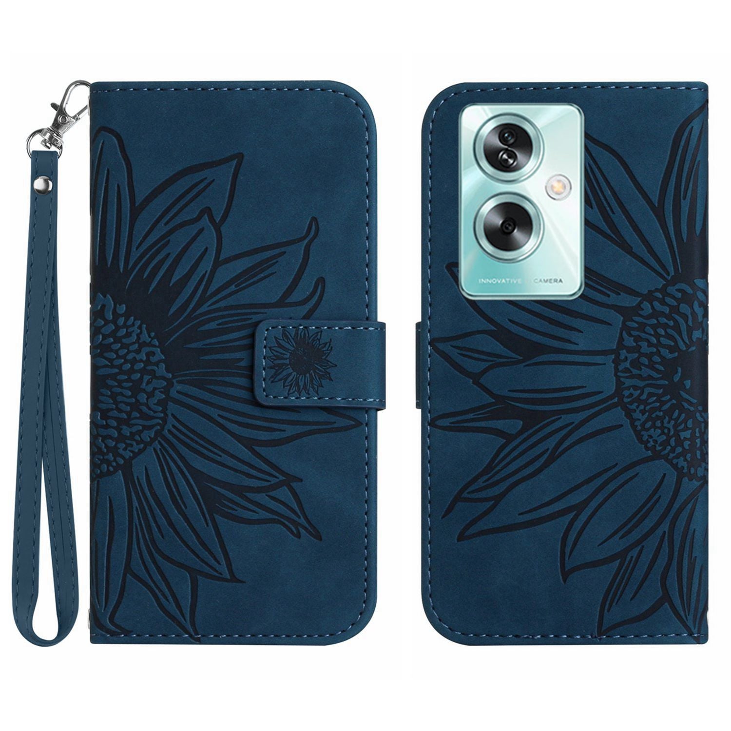 HT04 For Oppo A59 5G Case Wallet Leather Cover Sunflower Pattern with Hand Strap - Light Purple