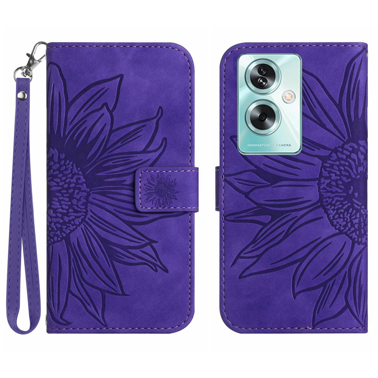HT04 For Oppo A59 5G Case Wallet Leather Cover Sunflower Pattern with Hand Strap - Light Purple