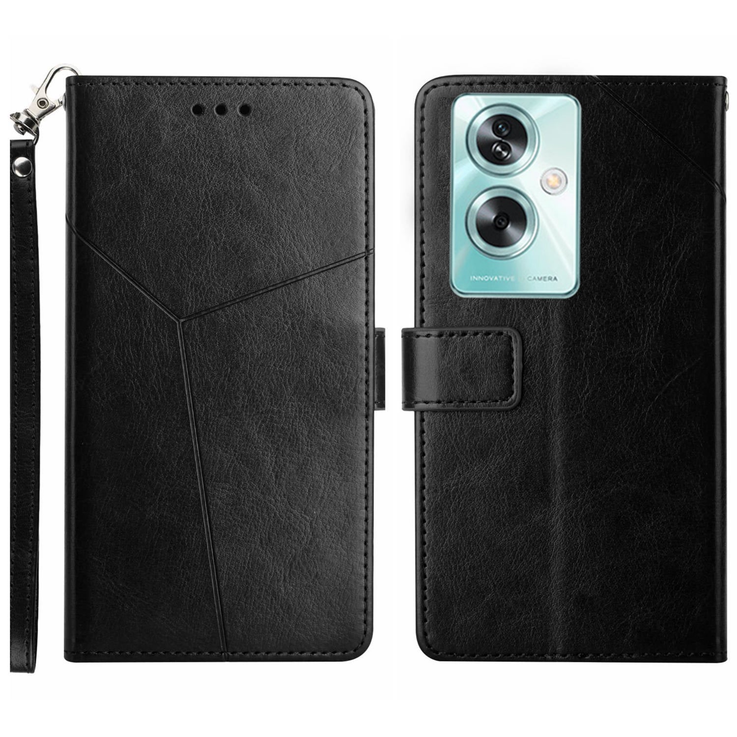 HT01 For Oppo A59 5G Phone Leather Case with Wallet Stand Imprint Y-shaped Line - Black