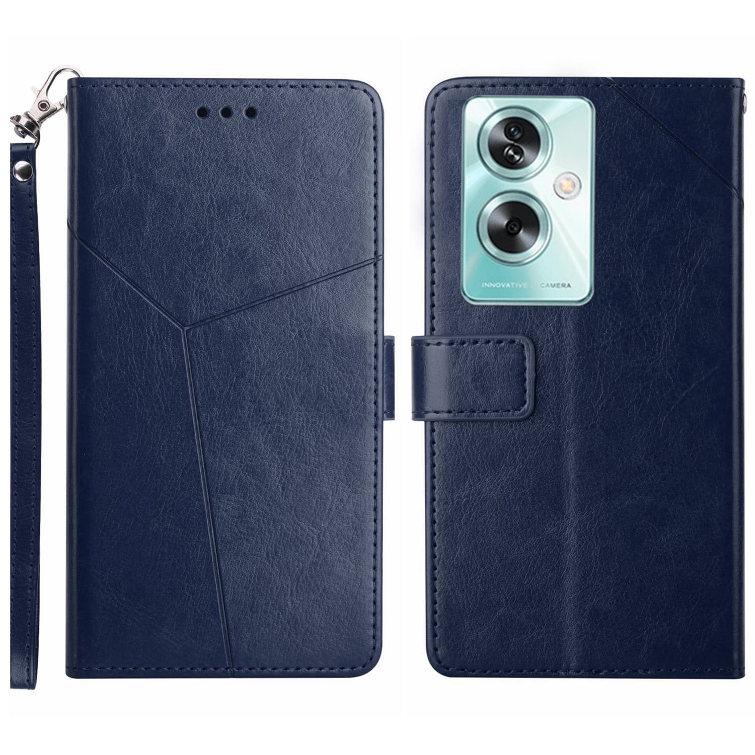HT01 For Oppo A59 5G Phone Leather Case with Wallet Stand Imprint Y-shaped Line - Black
