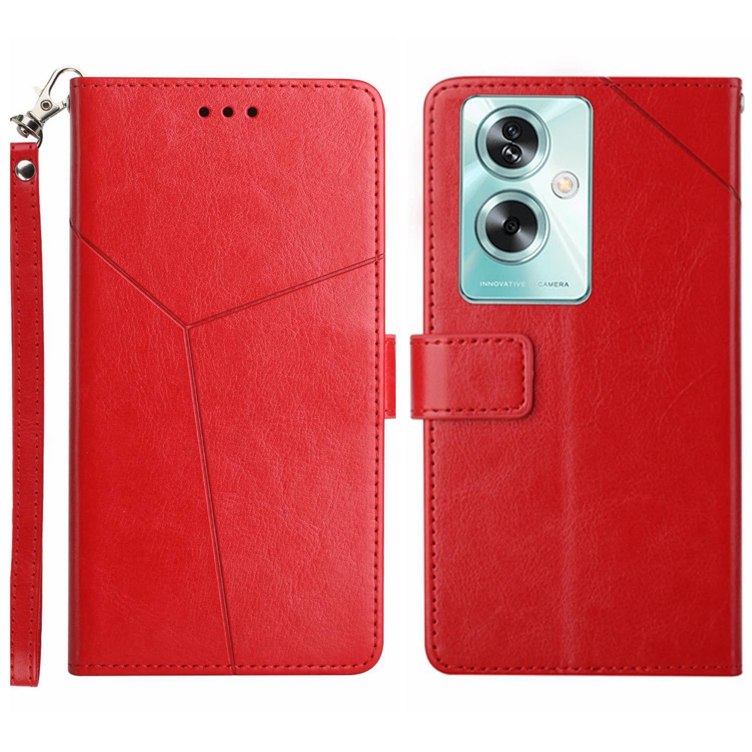 HT01 For Oppo A59 5G Phone Leather Case with Wallet Stand Imprint Y-shaped Line - Black