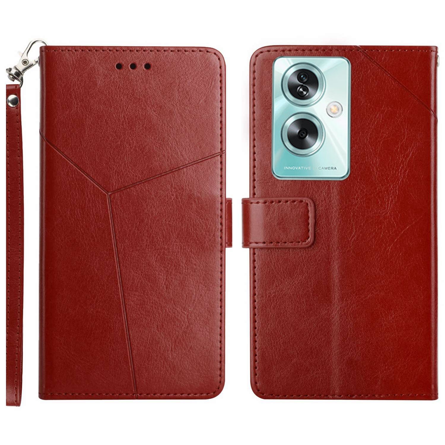 HT01 For Oppo A59 5G Phone Leather Case with Wallet Stand Imprint Y-shaped Line - Black