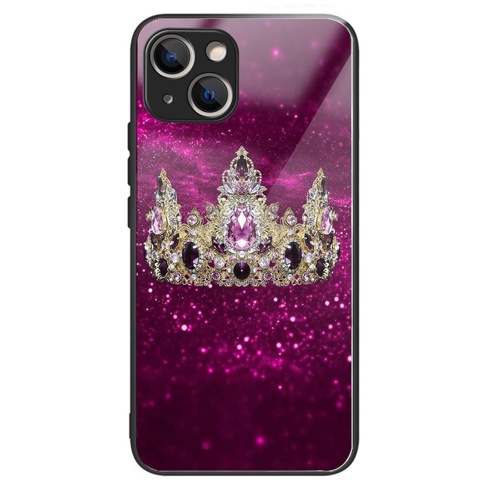 For iPhone 15 Pattern Phone Case Tempered Glass Back TPU Frame Phone Shell - Columns Crown