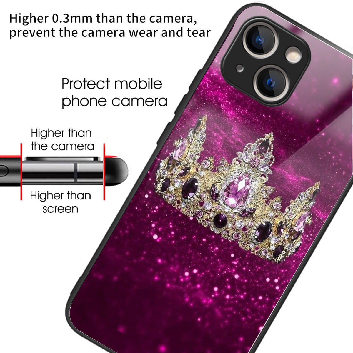 For iPhone 15 Pattern Phone Case Tempered Glass Back TPU Frame Phone Shell - Columns Crown