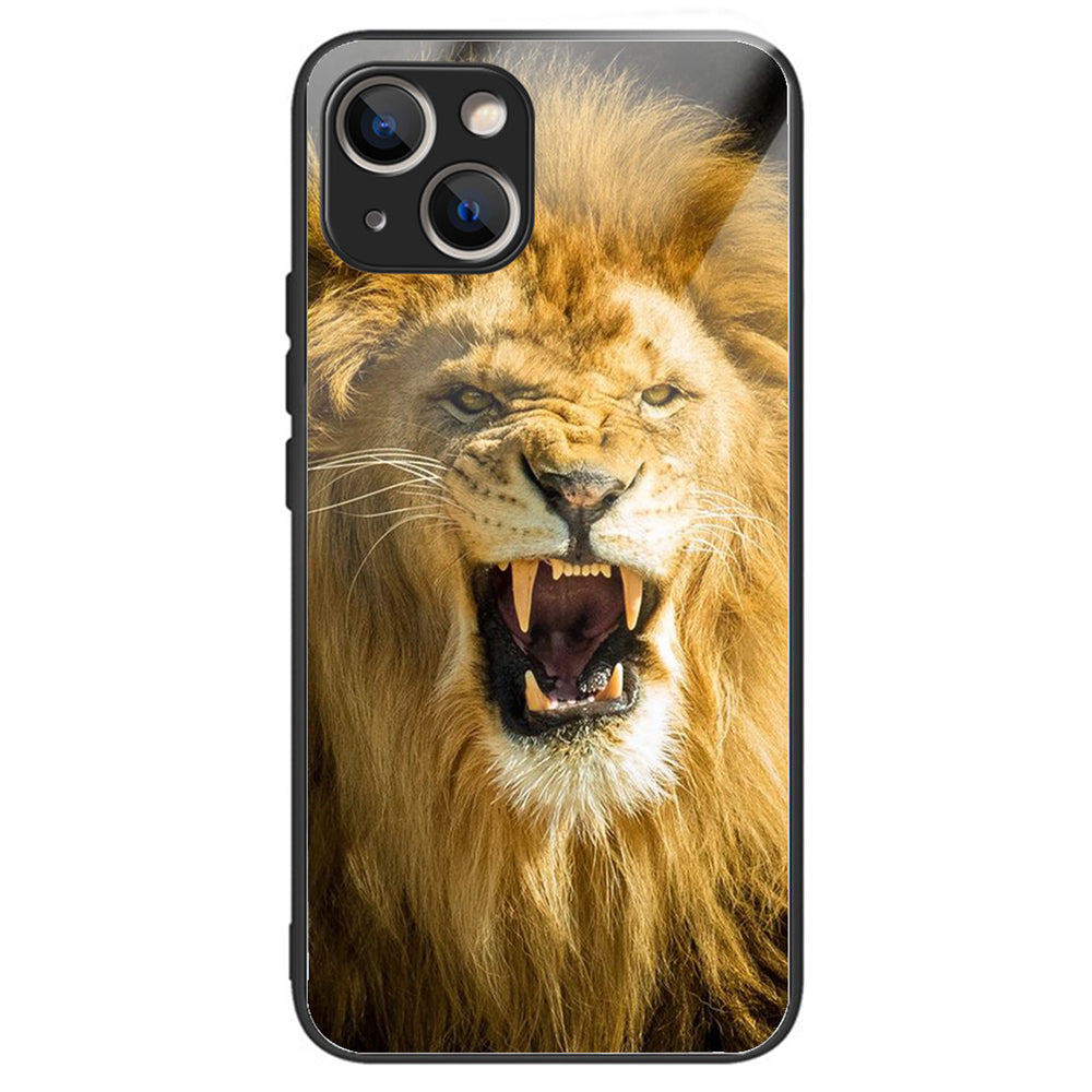 For iPhone 15 Pattern Phone Case Tempered Glass Back TPU Frame Phone Shell - Columns Crown