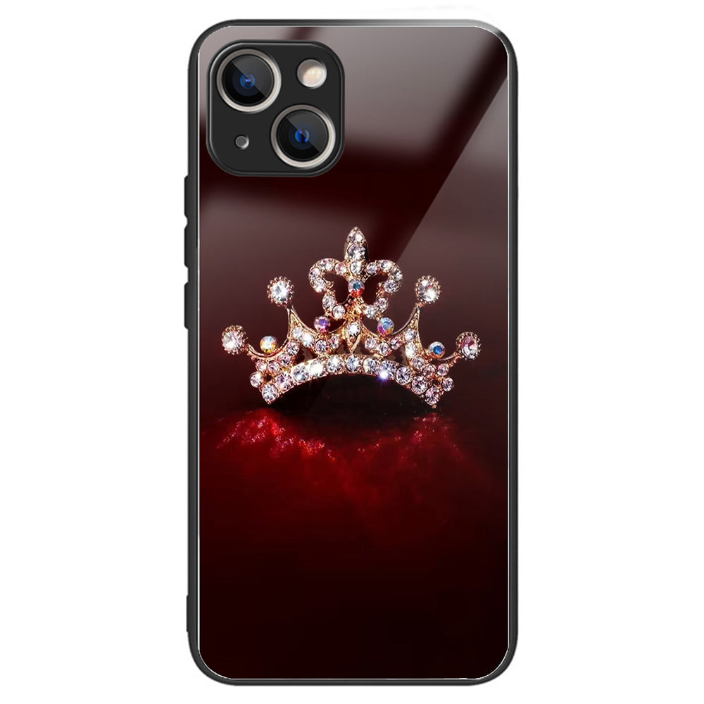 For iPhone 15 Pattern Phone Case Tempered Glass Back TPU Frame Phone Shell - Columns Crown