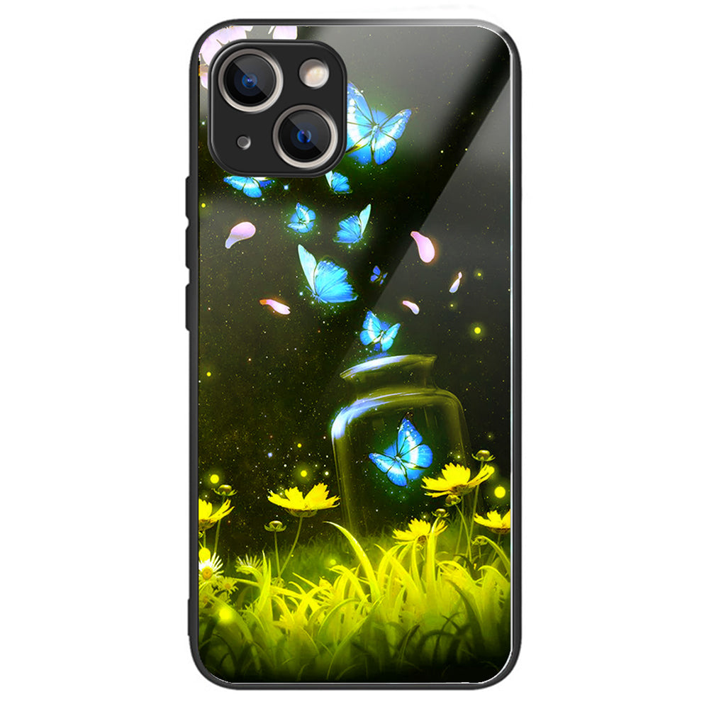 For iPhone 15 Pattern Phone Case Tempered Glass Back TPU Frame Phone Shell - Columns Crown