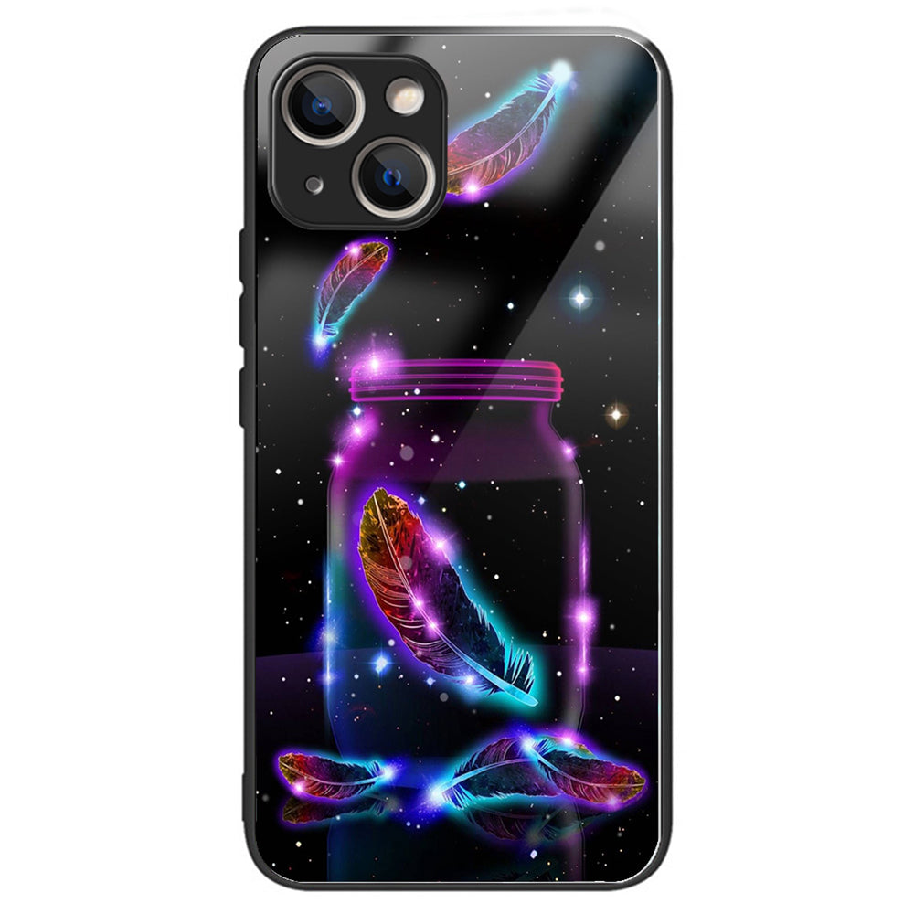For iPhone 15 Pattern Phone Case Tempered Glass Back TPU Frame Phone Shell - Columns Crown