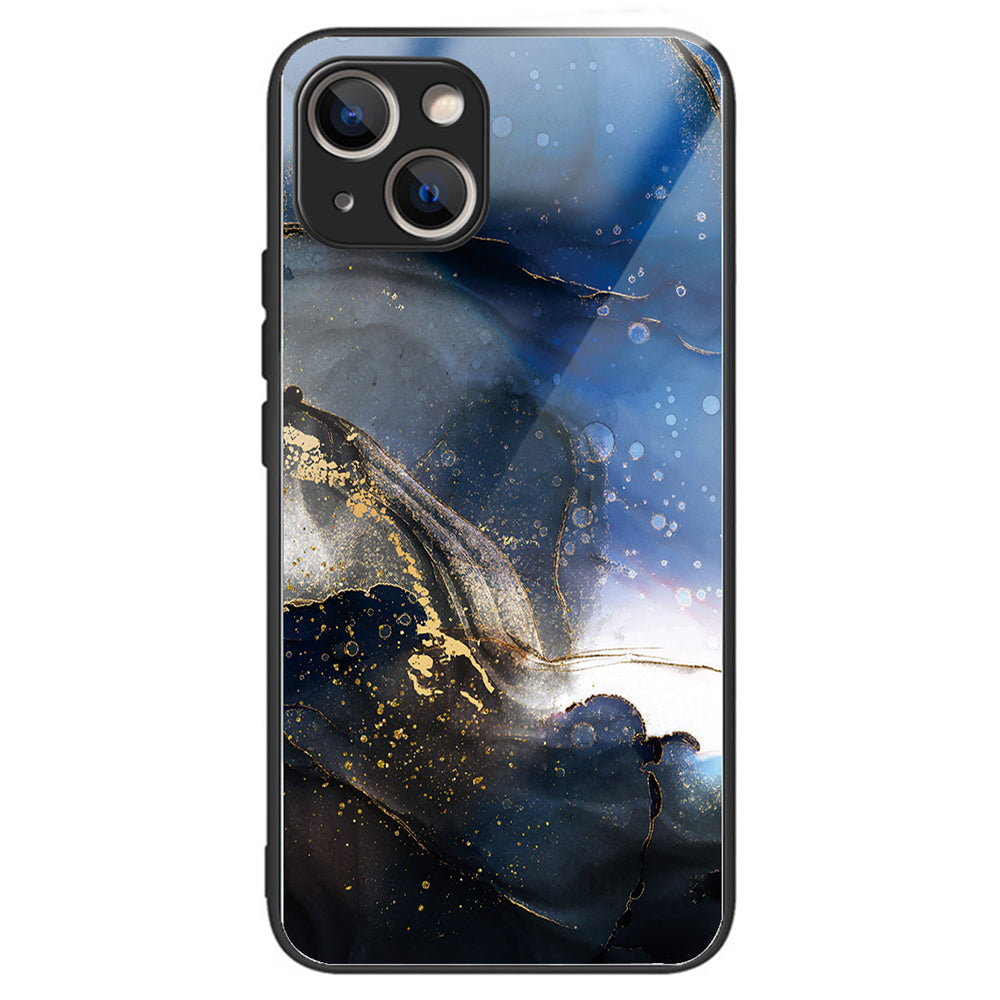 For iPhone 15 Pattern Phone Case Tempered Glass Back TPU Frame Phone Shell - Columns Crown